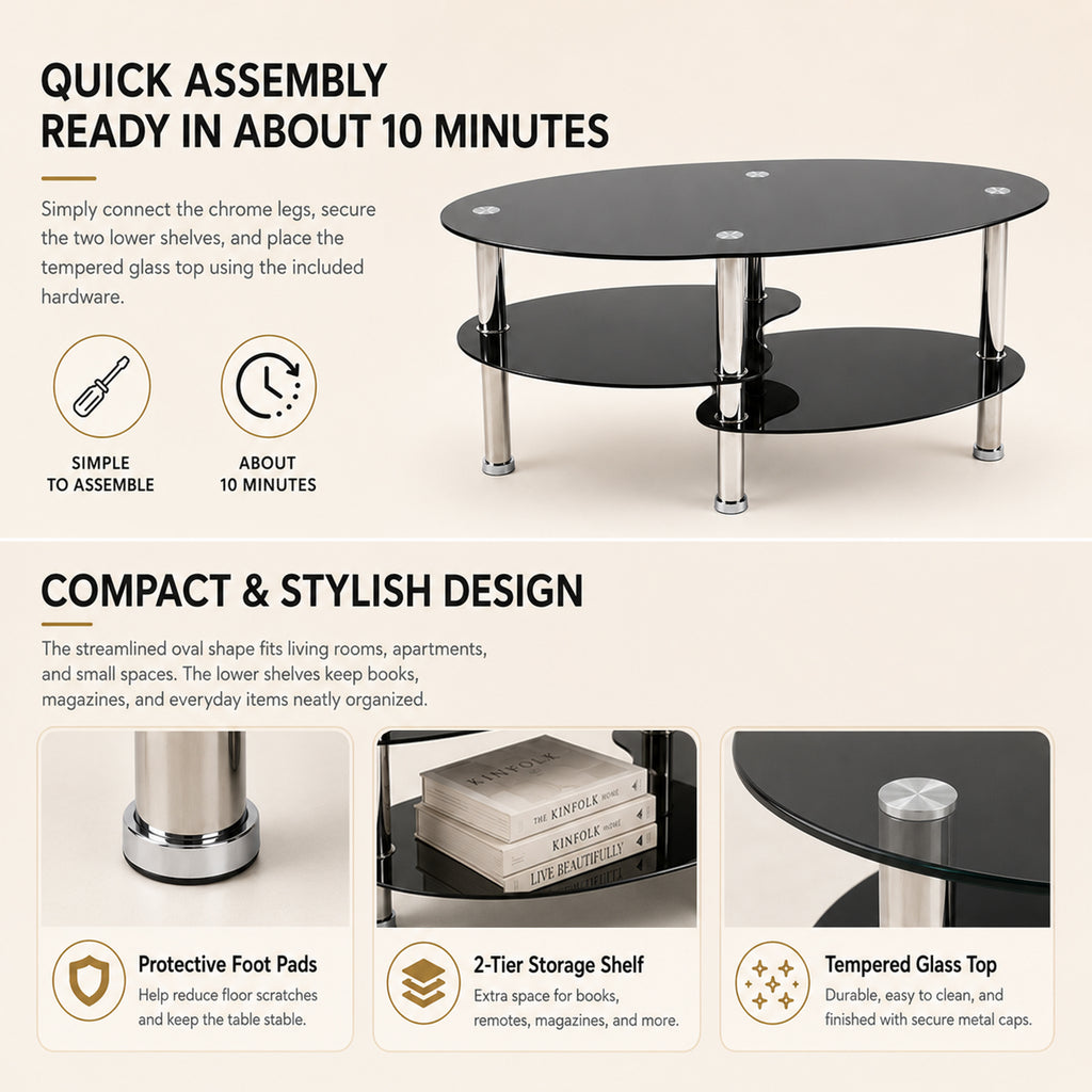 2-Tier Oval Tempered Glass Coffee Table — [variant:W3738P499153] Black image 3
