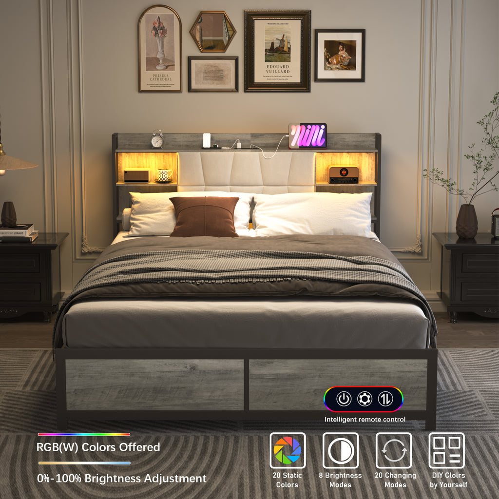 [variant:W5658P487022] Queen Upholstered Platform Bed with Bookcase Headboard, LED Lights & Charging Station image 9