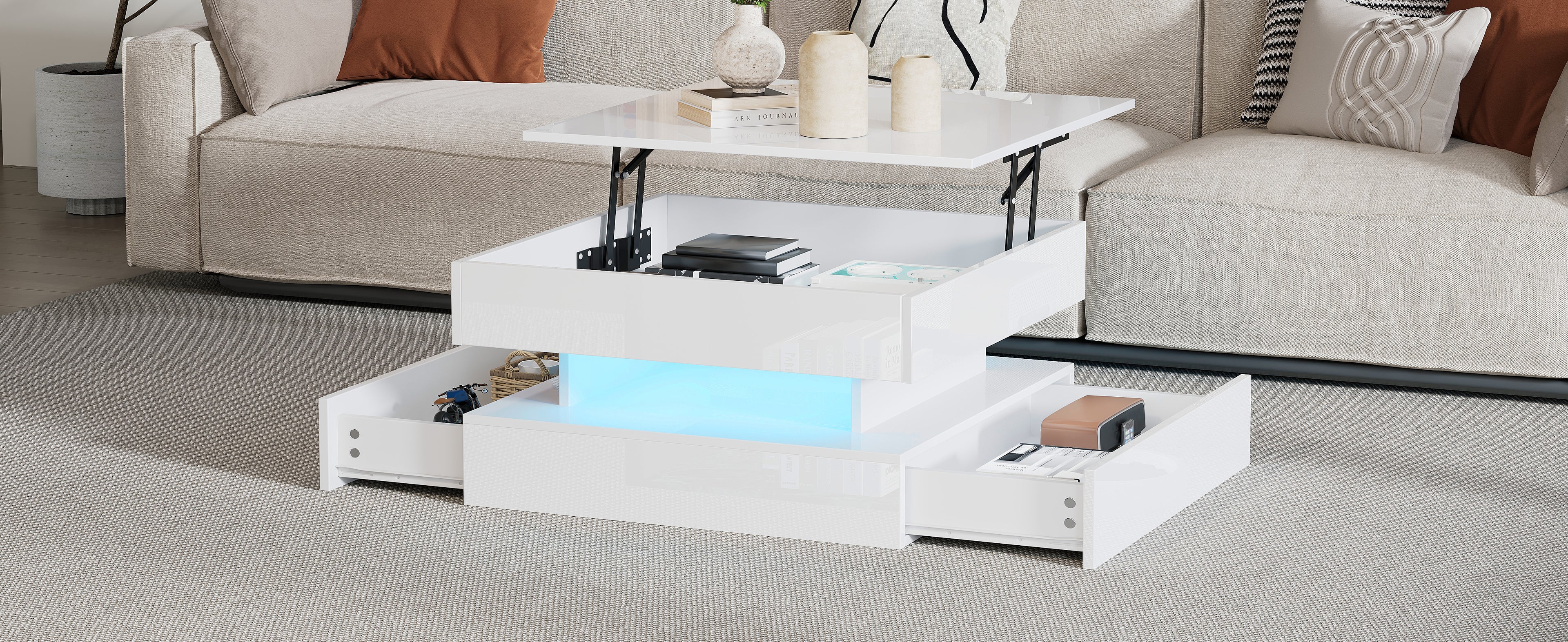 [variant:N892P407973W] White Lift-Top LED Coffee Table with 2 Drawers image 22