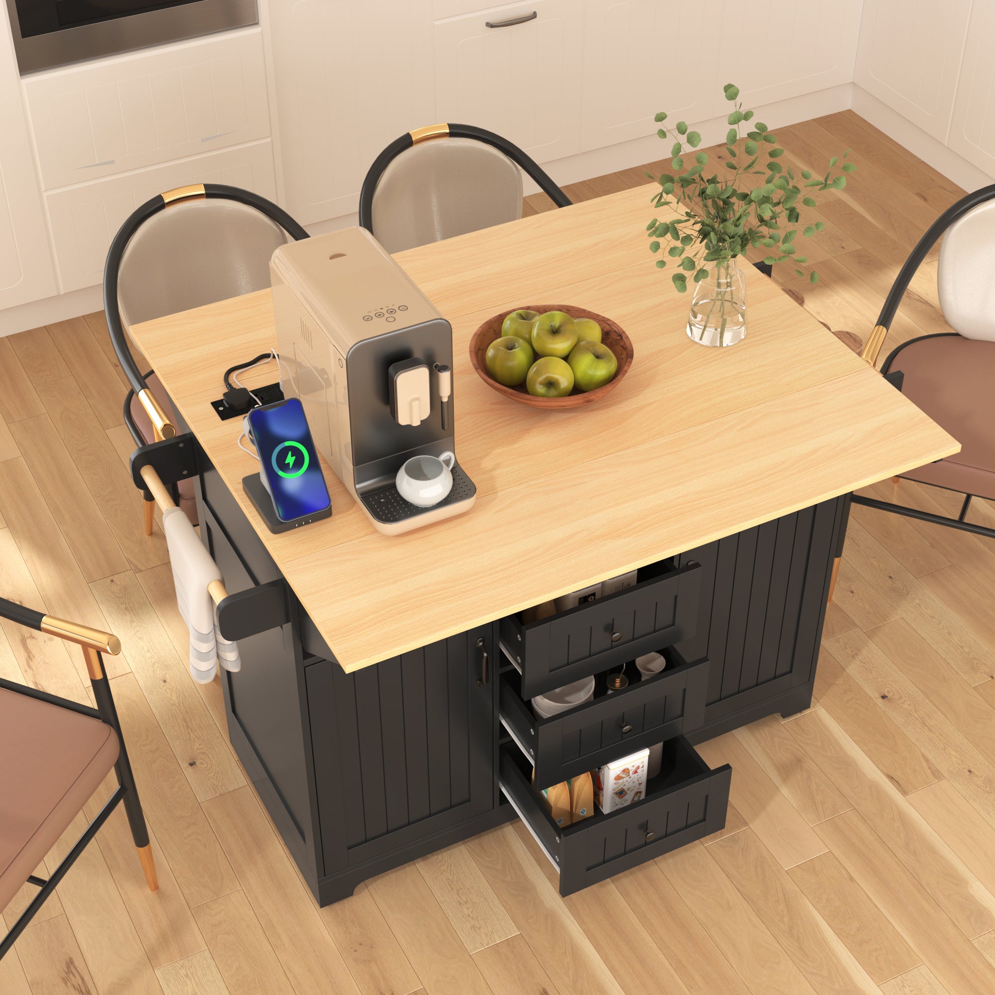 [variant:N853S000006B] Dual-Drop-Leaf Rolling Kitchen Island – Black, 55.75-Inch image 16