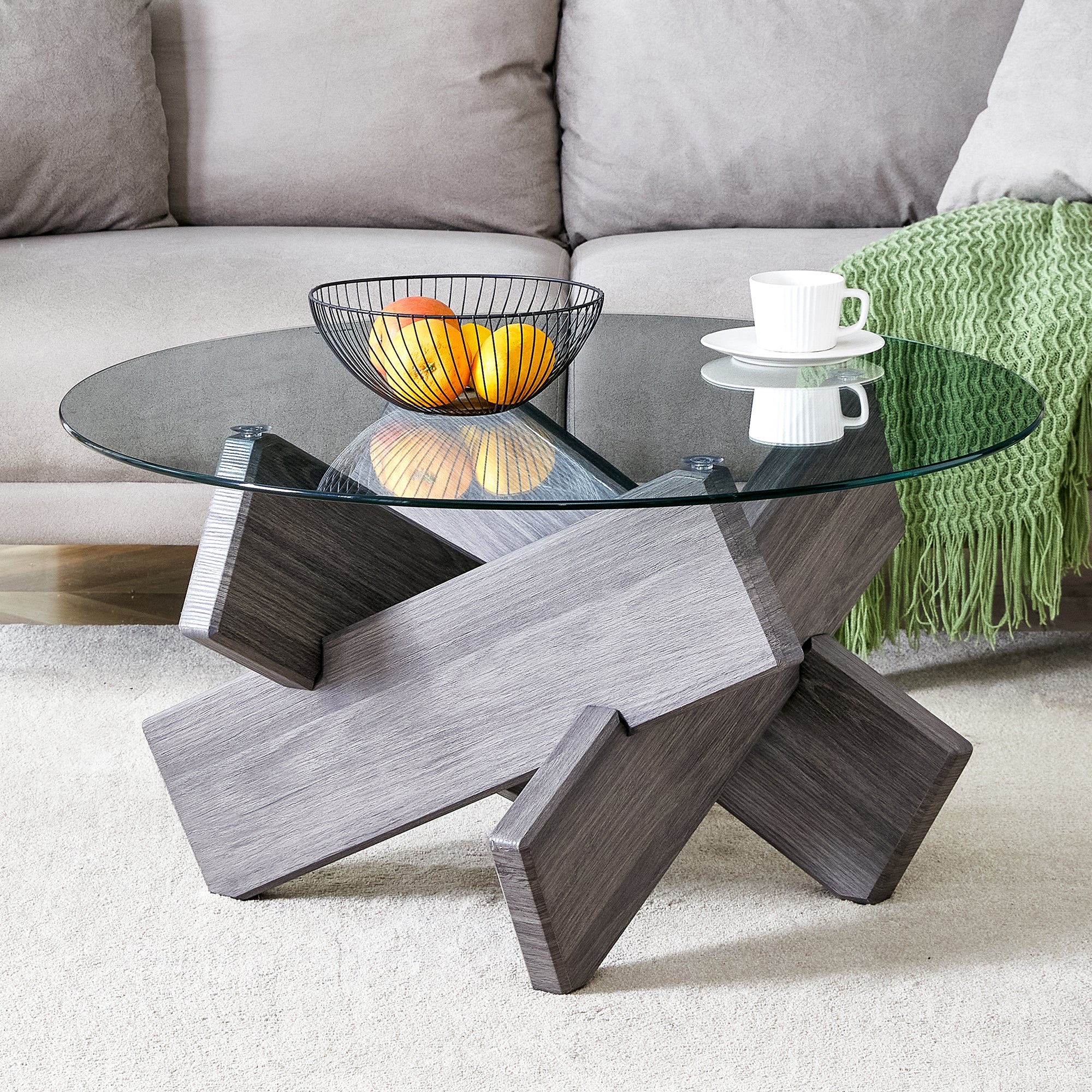 [variant:W3806P404748] Round Glass Coffee Table with Gray Patterned Base – 33.4-Inch image 3