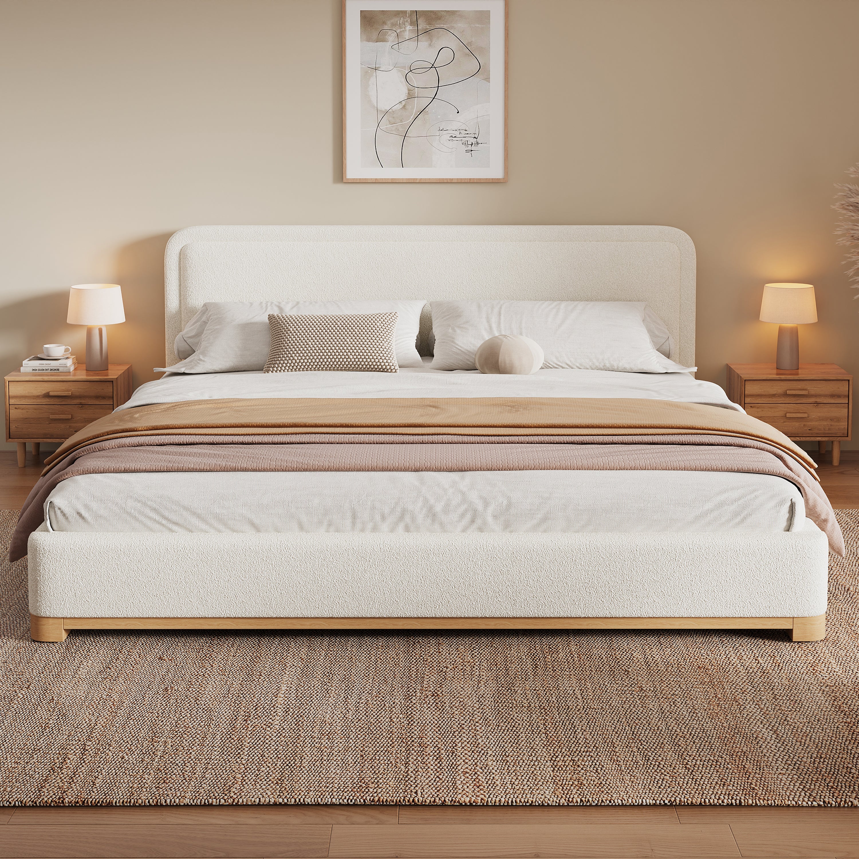 [variant:N859K000012W] King Bouclé Platform Bed with Curved Headboard – White image 2