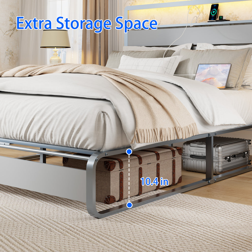 [variant:W5658P487004] Queen Metal Platform Bed with LED Lights & Charging Station – Silver image 9