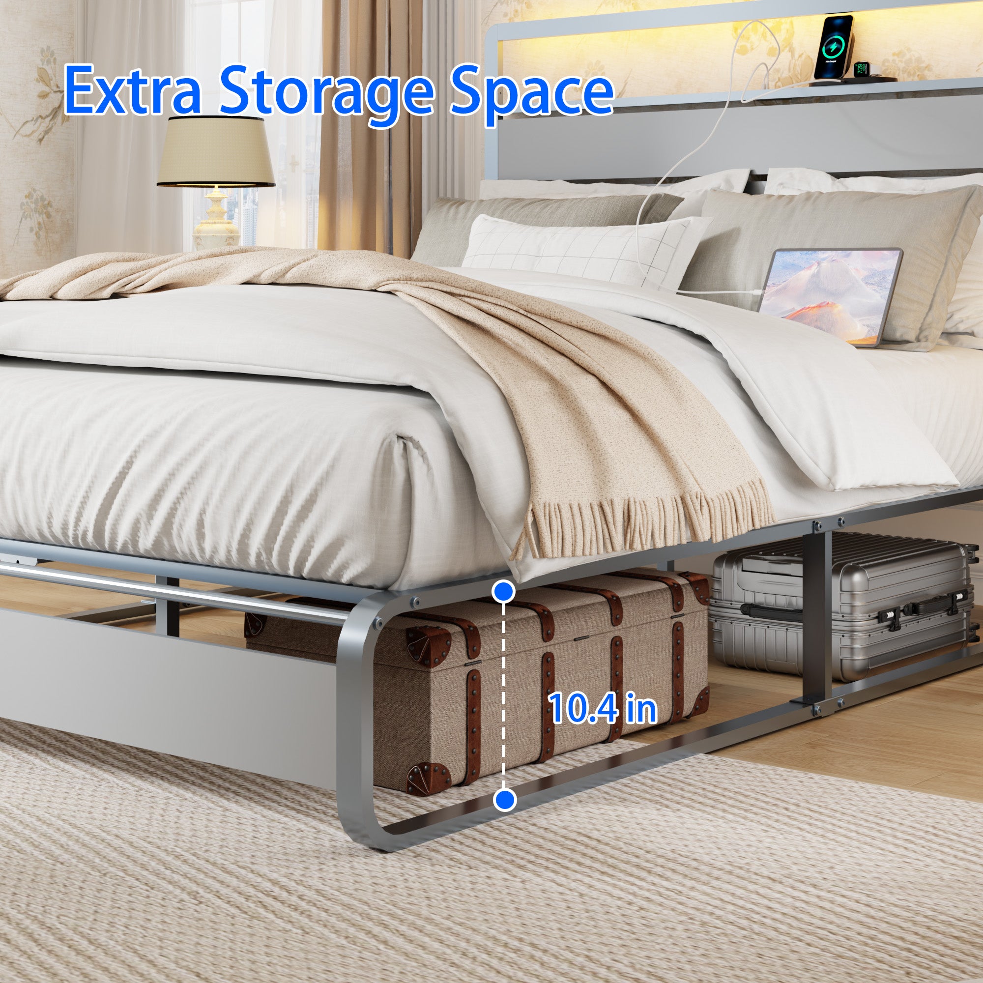 [variant:W5658P487004] Queen Metal Platform Bed with LED Lights & Charging Station – Silver image 9