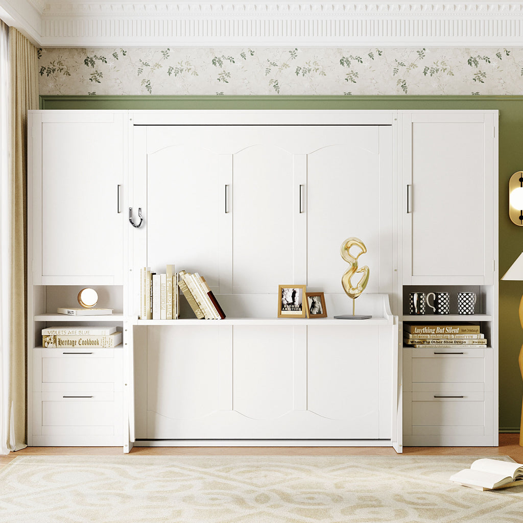 [variant:N850S00010K-2] Queen Murphy Bed with Closet, Drawers and Shelves – White image 2