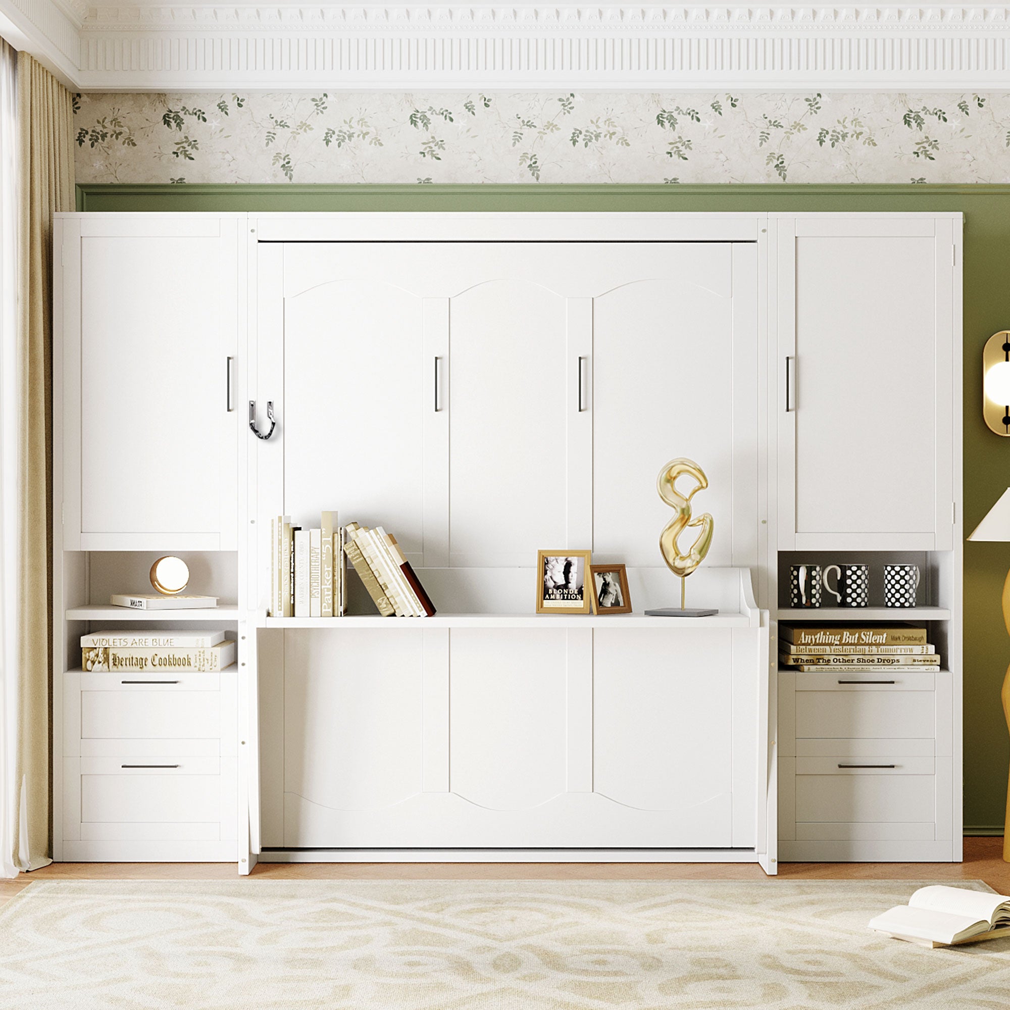 [variant:N850S00010K-2] Queen Murphy Bed with Closet, Drawers and Shelves – White image 2