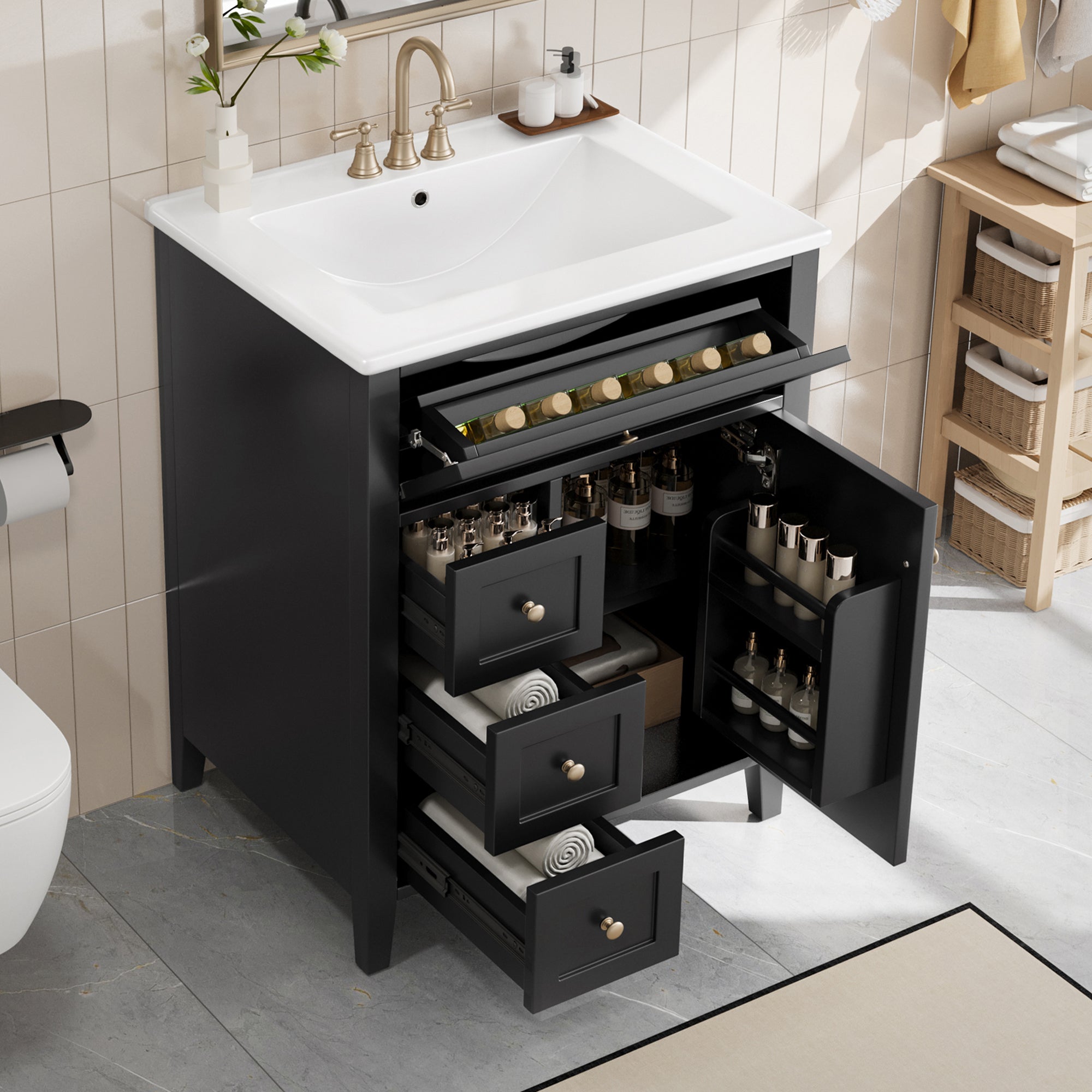 [variant:N725P280631B] Black Bathroom Vanity with Ceramic Sink – 24-Inch image 1