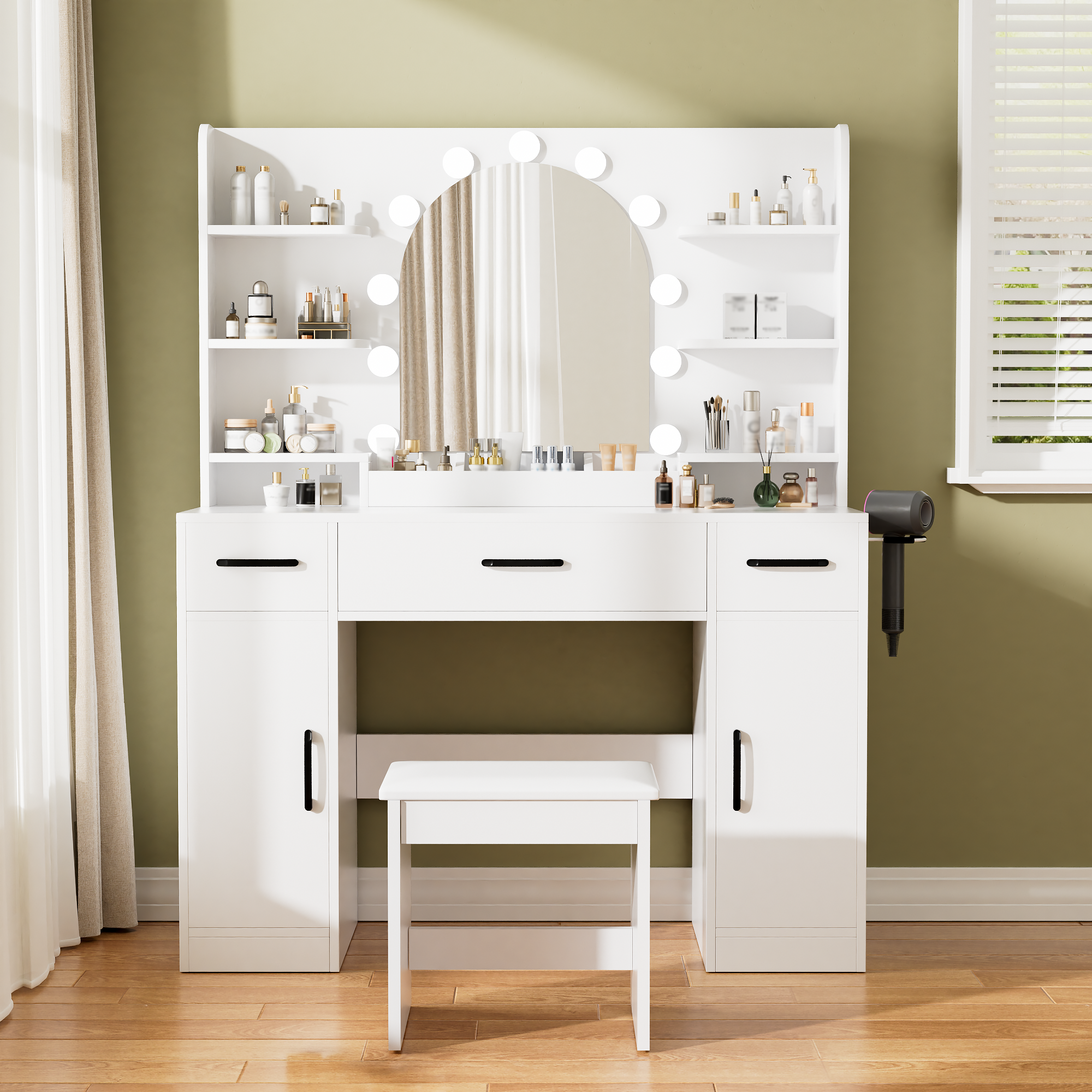 [variant:N881S436327W] Lighted Vanity Desk with Mirror, 3 Drawers and Shelves image 1
