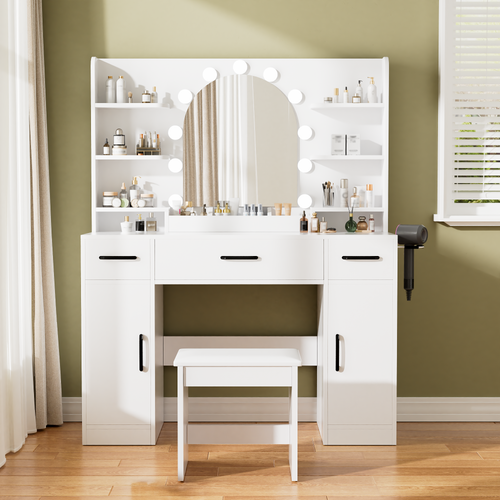 [variant:N881S436327W] Lighted Vanity Desk with Mirror, 3 Drawers and Shelves image 1