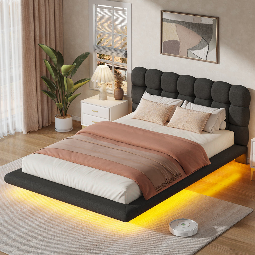 [variant:HS451577AAB] Queen LED Floating Bouclé Platform Bed – Black image 2