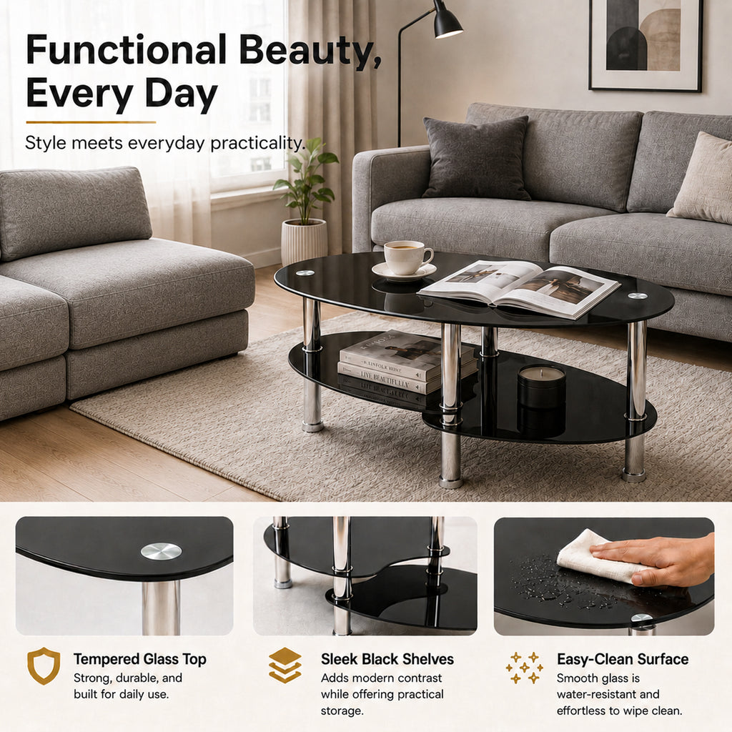 2-Tier Oval Tempered Glass Coffee Table — [variant:W3738P499153] Black image 4