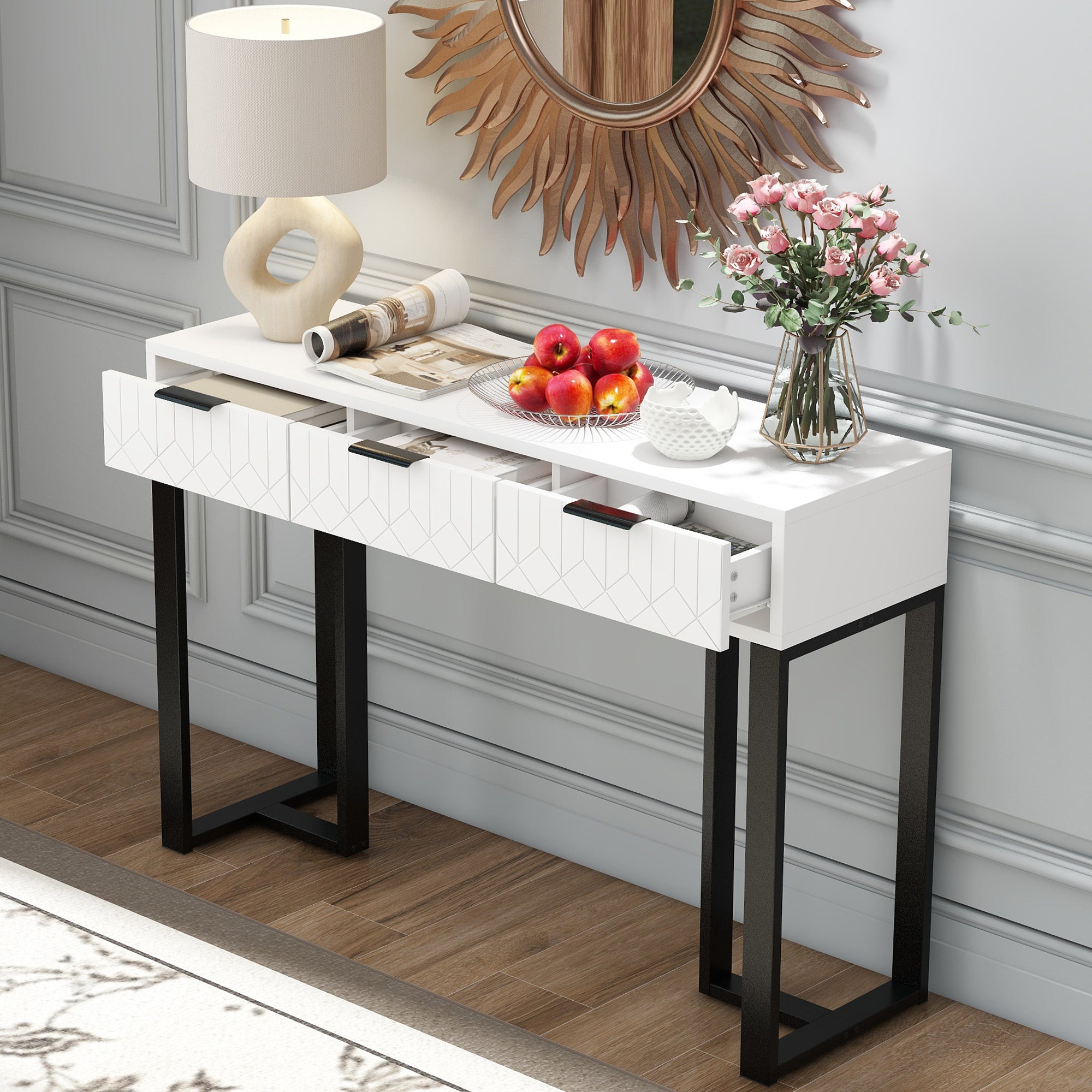 [variant:N852P470448B] Modern Console Table with Drawers & Metal Frame – White+Black image 1