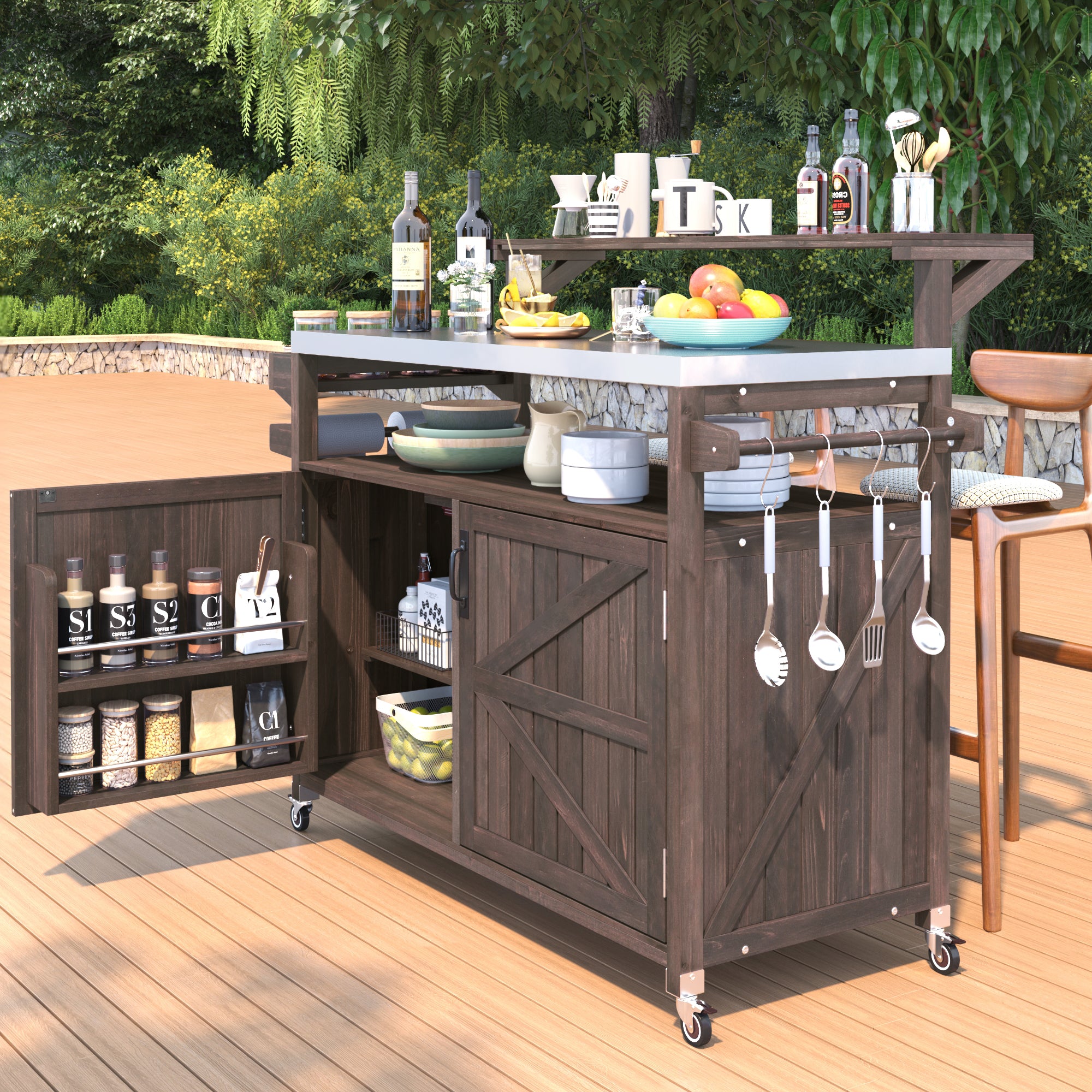 [variant:N853P386135Z] Outdoor Grill Cart with Raised Shelf – Dark Brown, 53.3-Inch image 17
