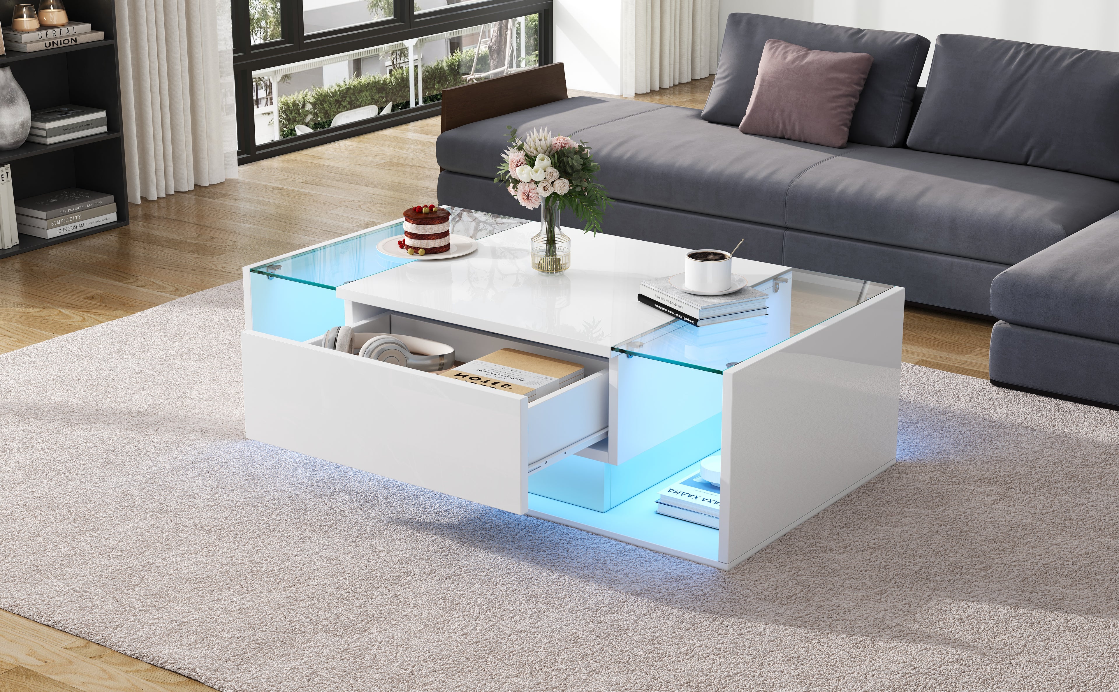[variant:N892P423295W] High-Gloss LED Coffee Table with Drawer and Glass Top image 35
