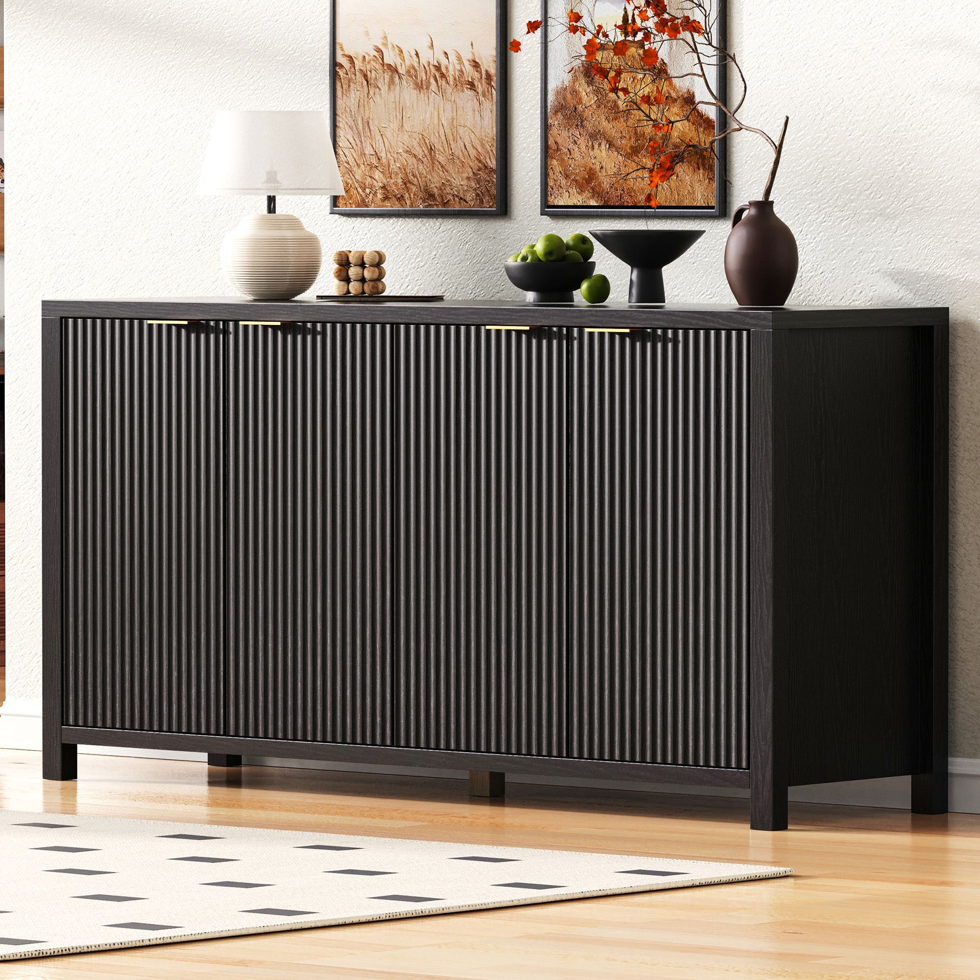 [variant:N853P444965B] 55-Inch Fluted 4-Door Buffet Cabinet – Black image 1