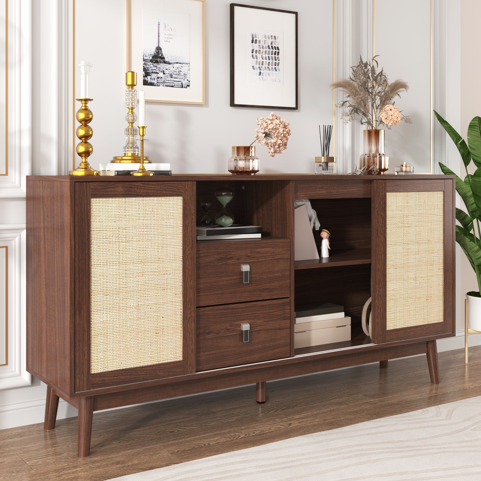 Rattan 3-Door Sideboard with 2 Drawers — [variant:GA0004N] Wood image 8