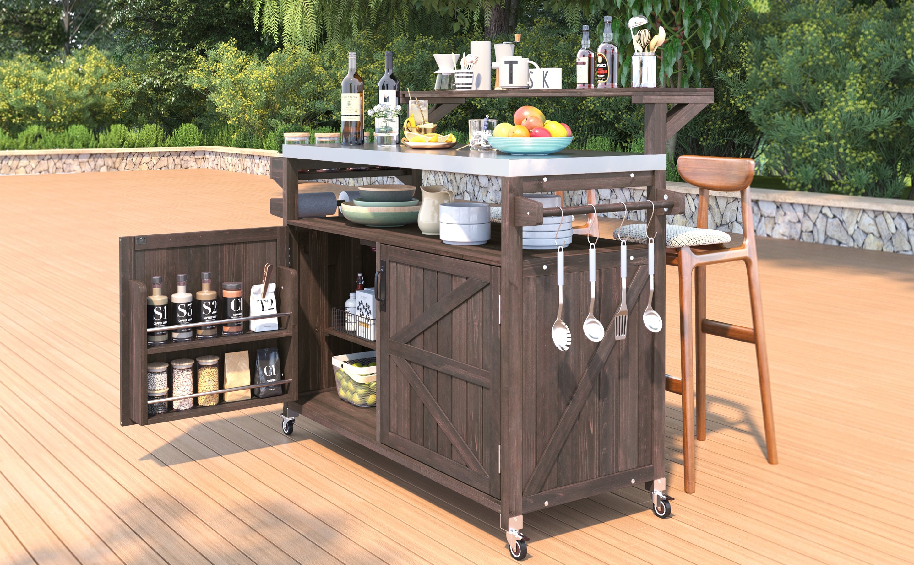 [variant:N853P386135Z] Outdoor Grill Cart with Raised Shelf – Dark Brown, 53.3-Inch image 5