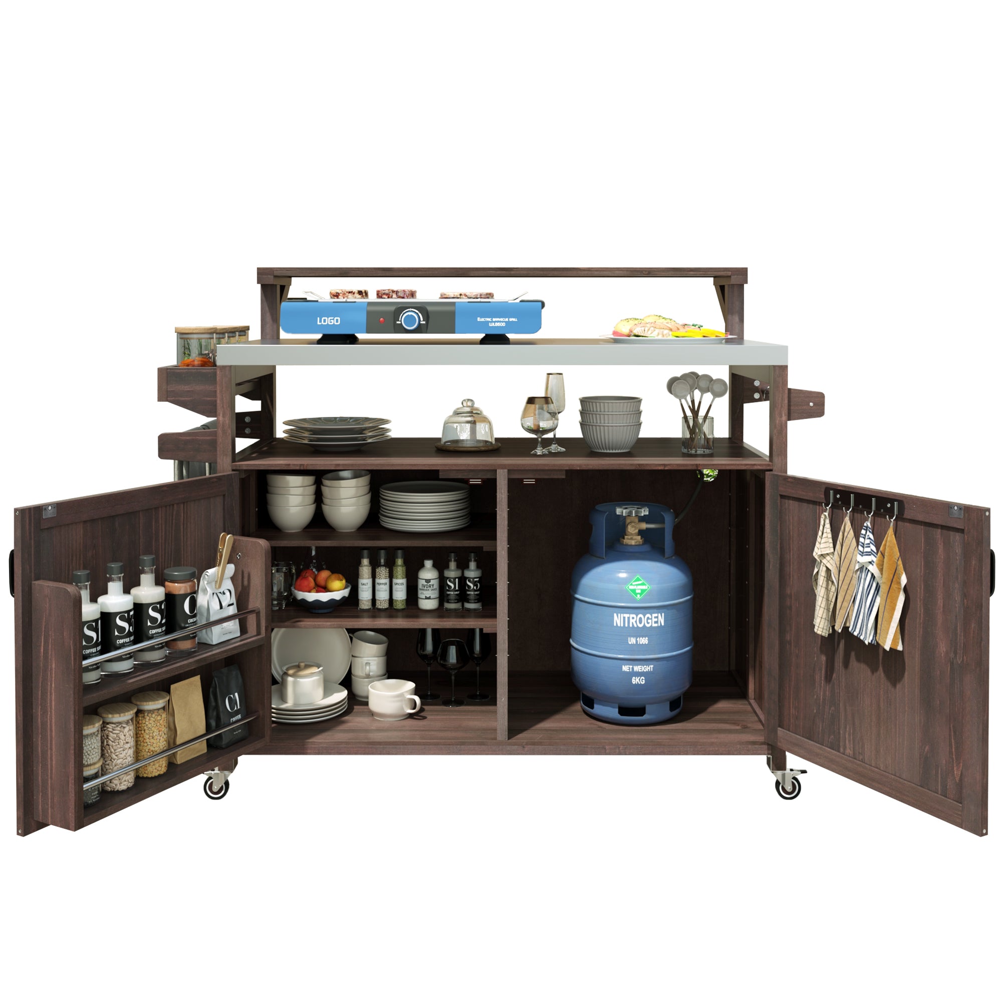 [variant:N853P386135Z] Outdoor Grill Cart with Raised Shelf – Dark Brown, 53.3-Inch image 8