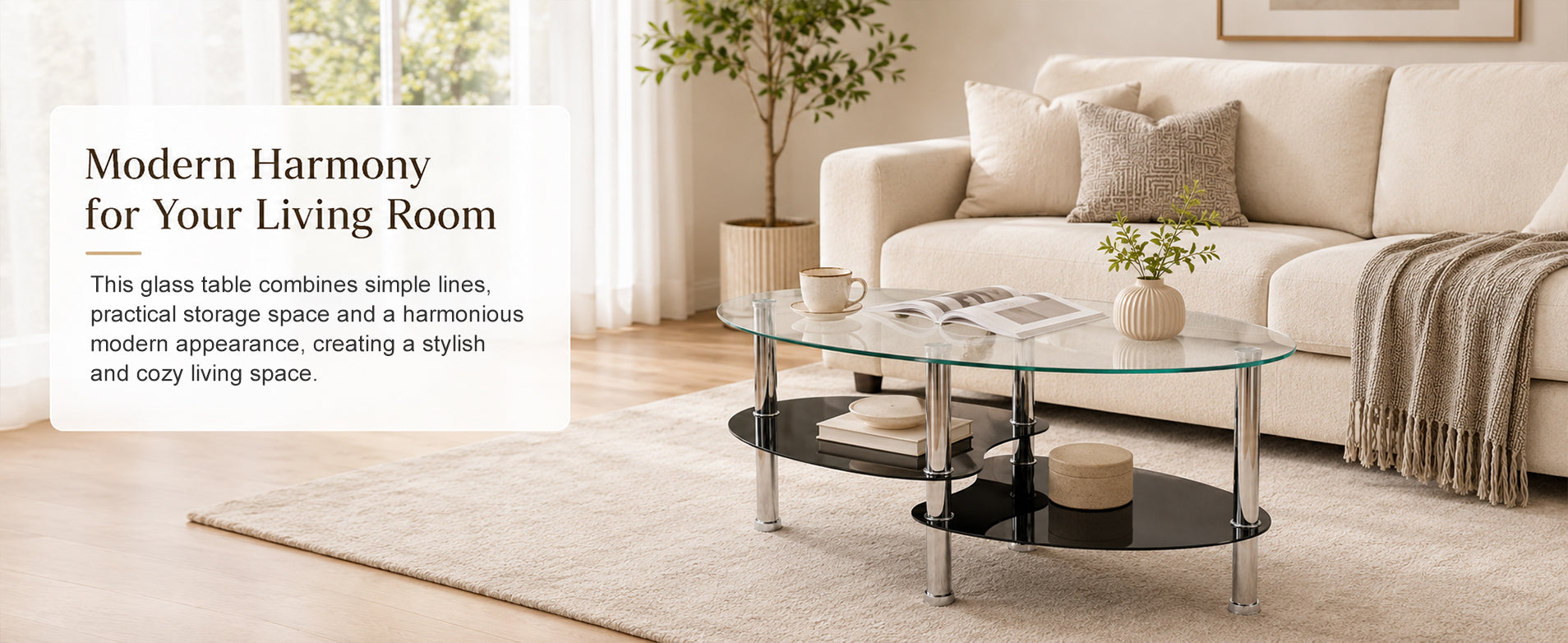 2-Tier Oval Tempered Glass Coffee Table — [variant:W3738P499151] Black,Transparent image 12