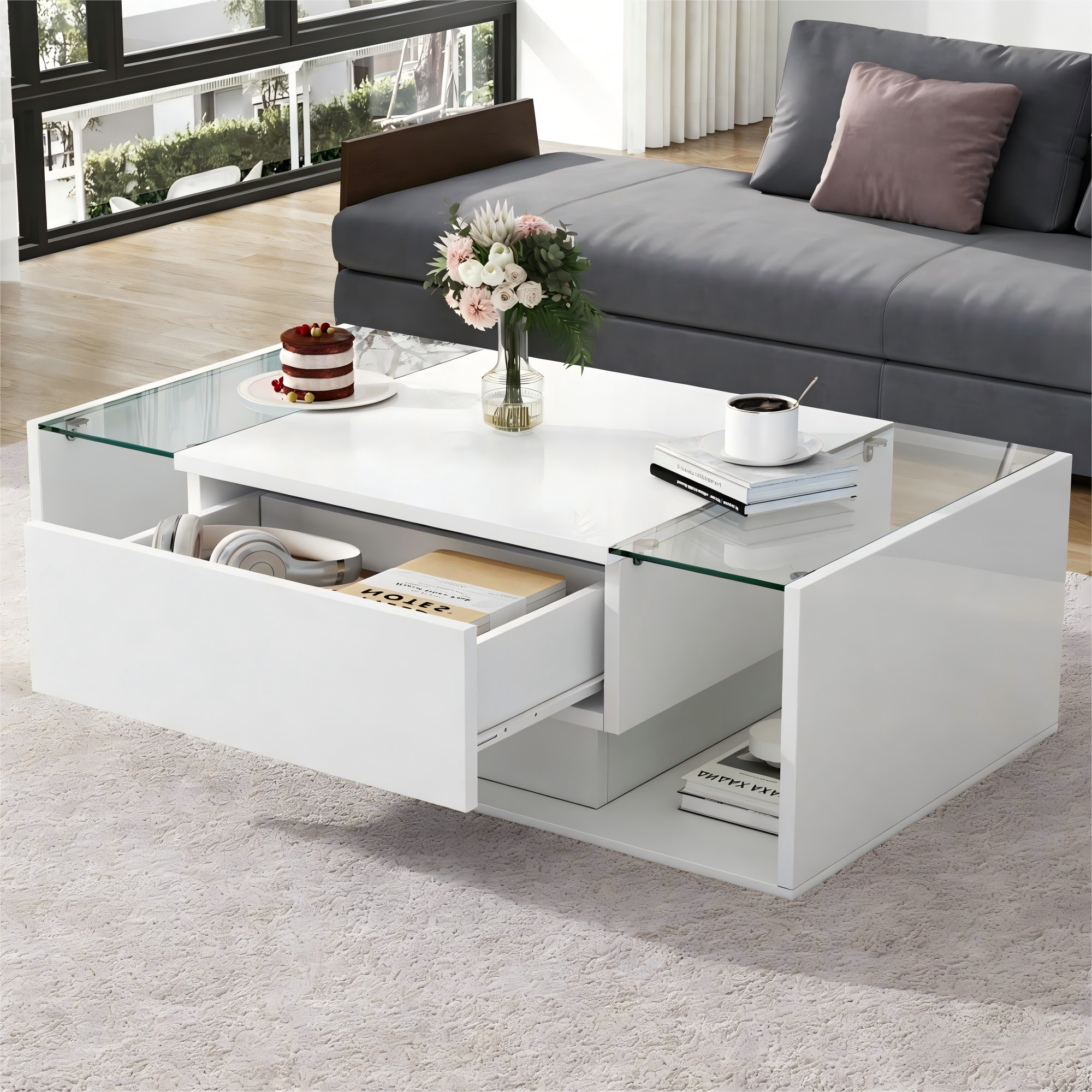 [variant:N892P423295W] High-Gloss LED Coffee Table with Drawer and Glass Top image 31