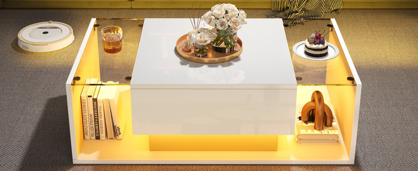 [variant:N892P423295W] High-Gloss LED Coffee Table with Drawer and Glass Top image 20