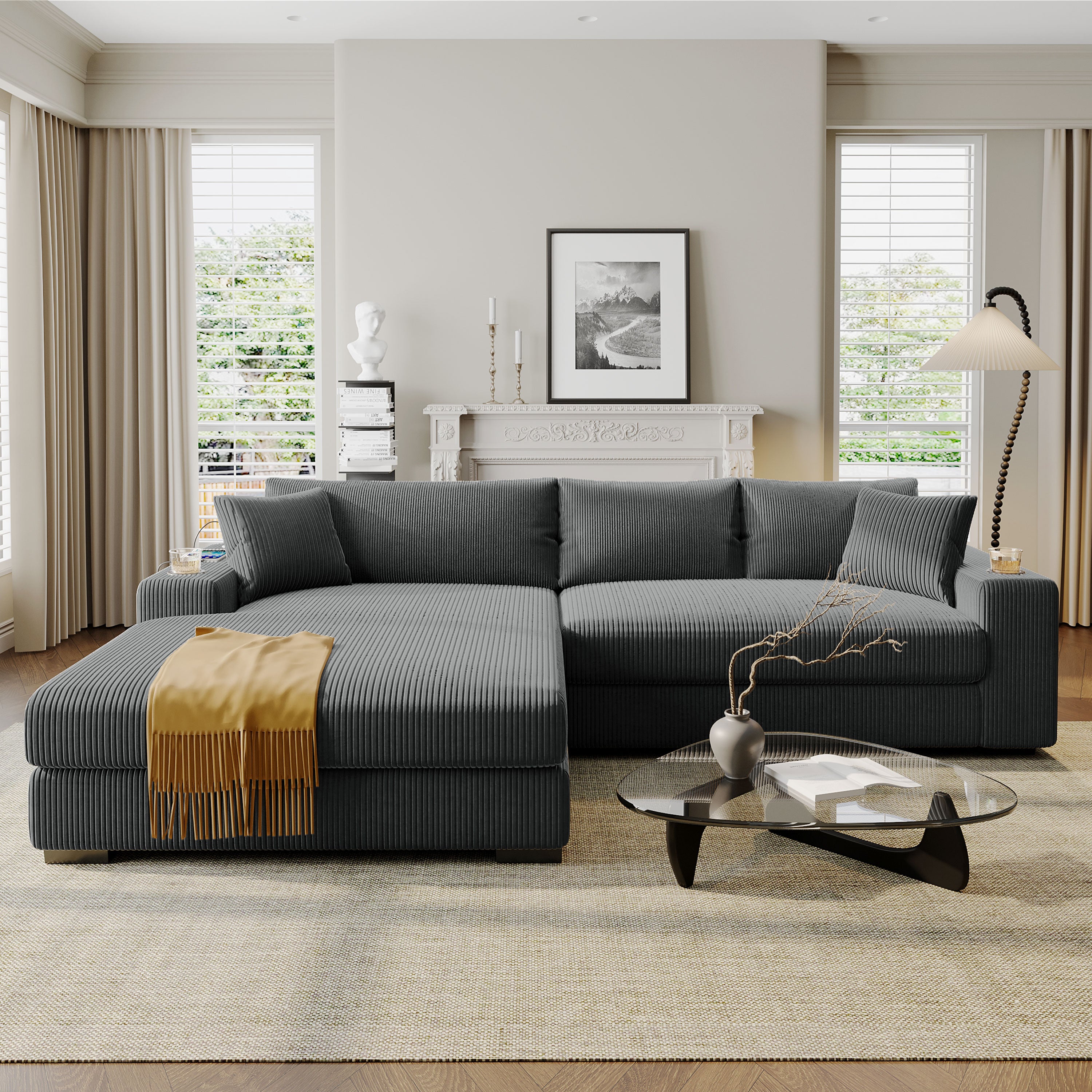 [variant:N851S0043E] Large Sectional Sofa with Cup Holders and Charging Ports – Gray image 1