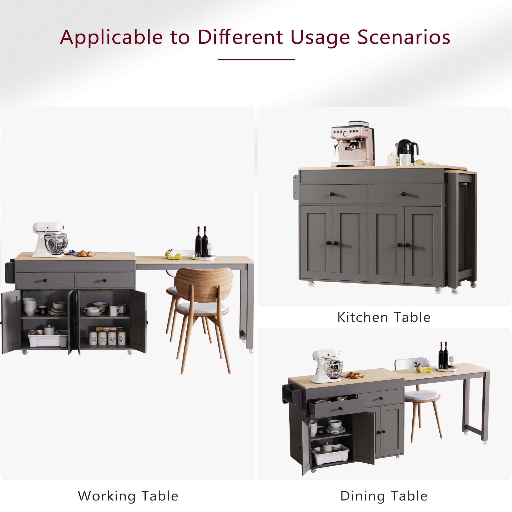 [variant:N853P386264G] Extendable Rolling Kitchen Island with Dining Table – Gray, 74.5-Inch image 24