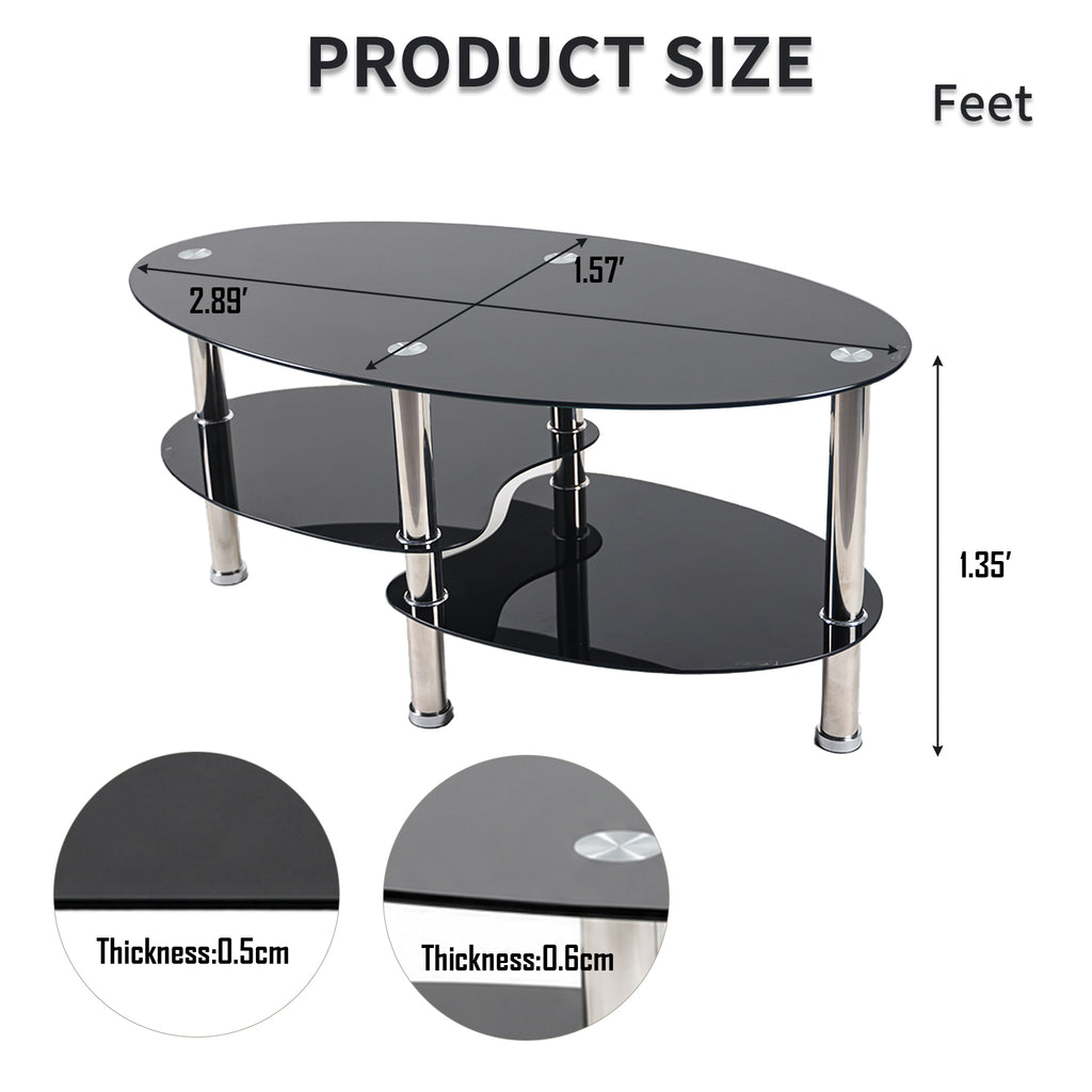 2-Tier Oval Tempered Glass Coffee Table — [variant:W3738P499153] Black image 6