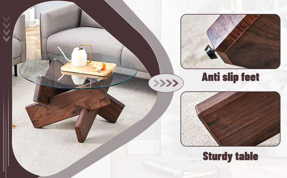 [variant:W3806P404749] Round Glass Coffee Table with Walnut-Finish Base – 33.4-Inch image 13