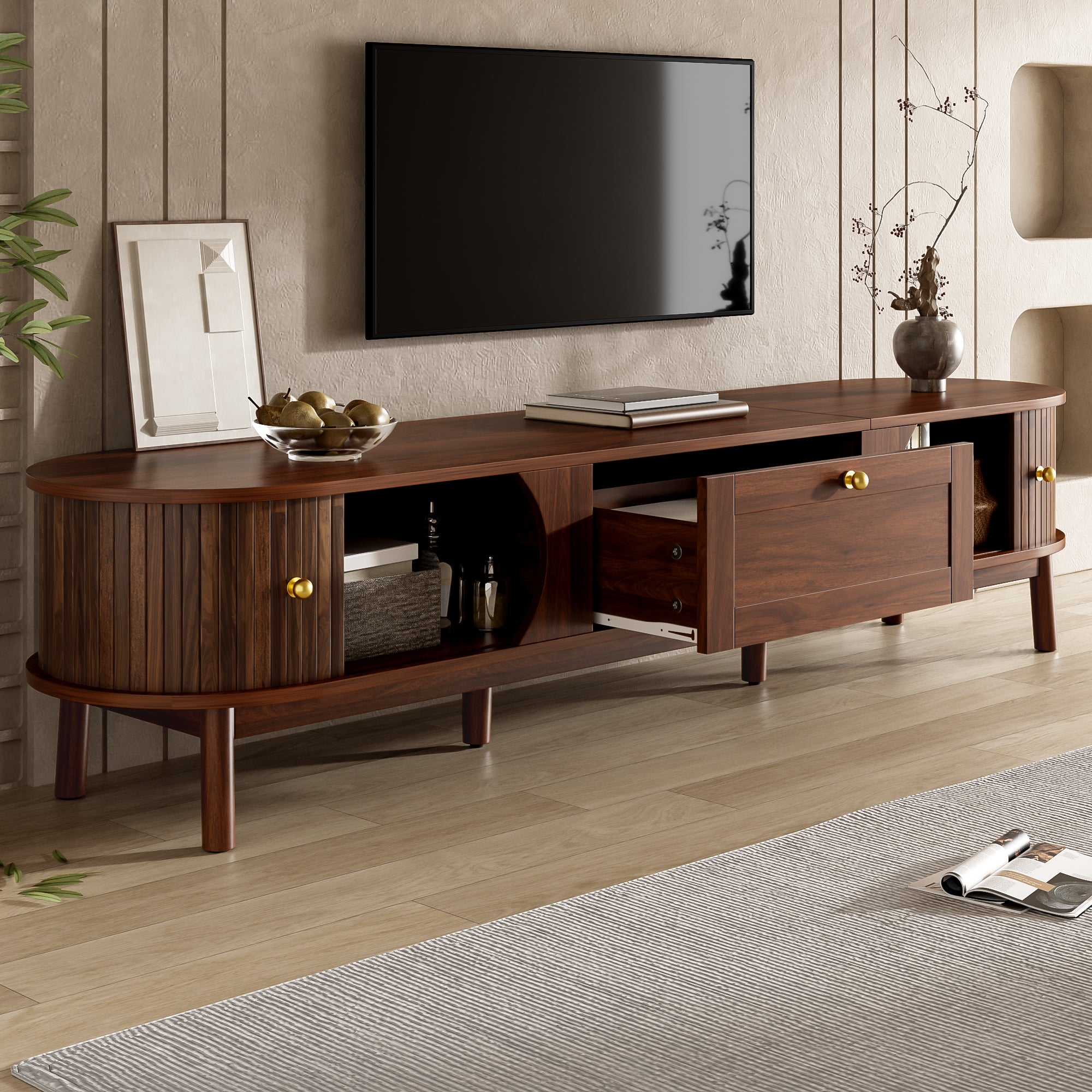 [variant:N875P452044N] Walnut TV Stand with Sliding Doors – 67-Inch image 3
