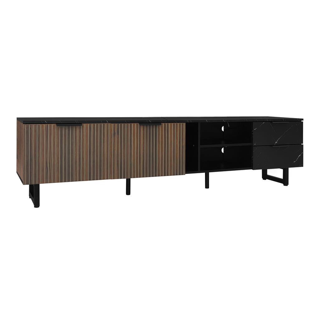 [variant:GA0010N] LED TV Stand with 2 Doors and 2 Drawers – Black Marble and Wood Grain image 2