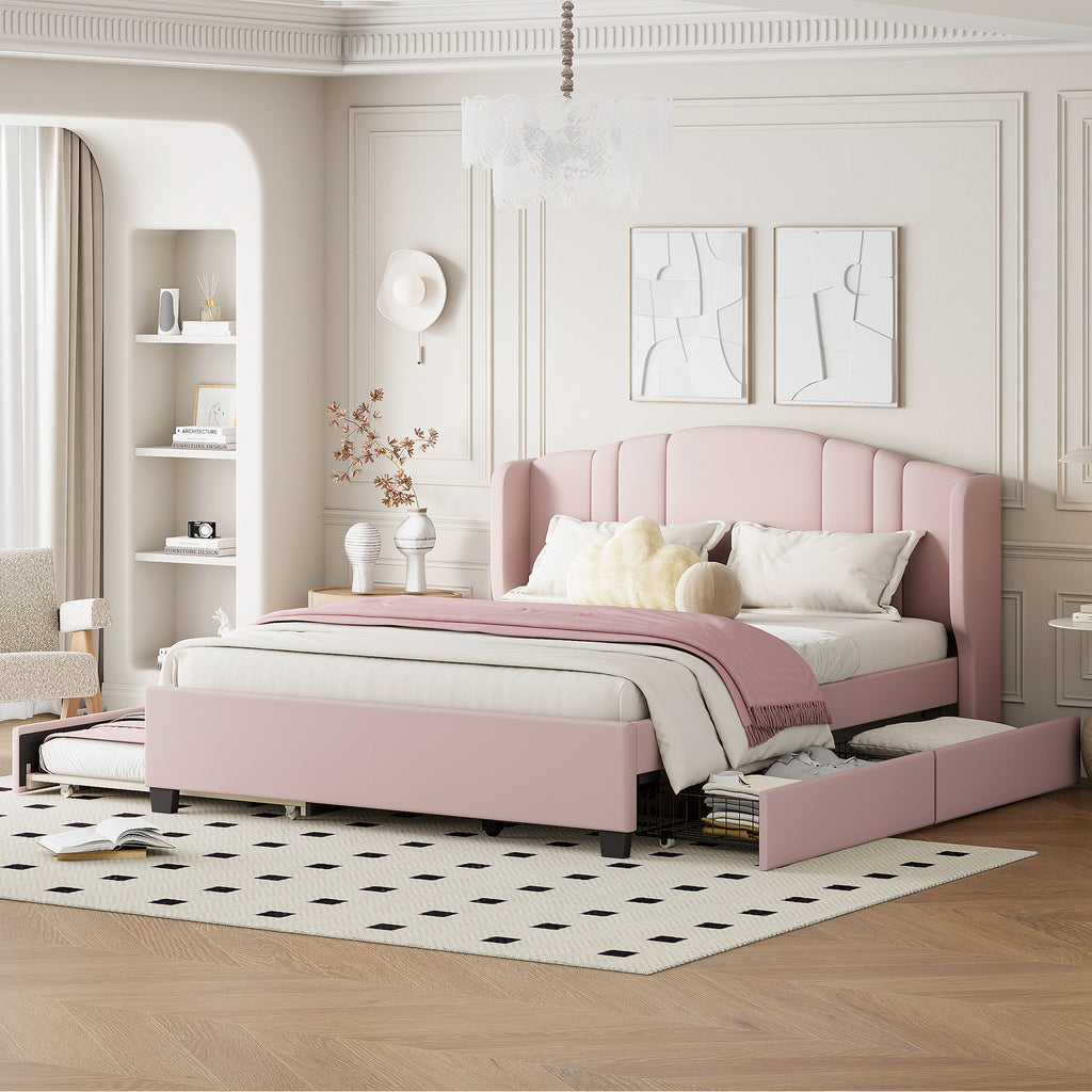 Queen Upholstered Wingback Bed with Twin Trundle & 2 Drawers — [variant:N854S427452H] Pink image 2
