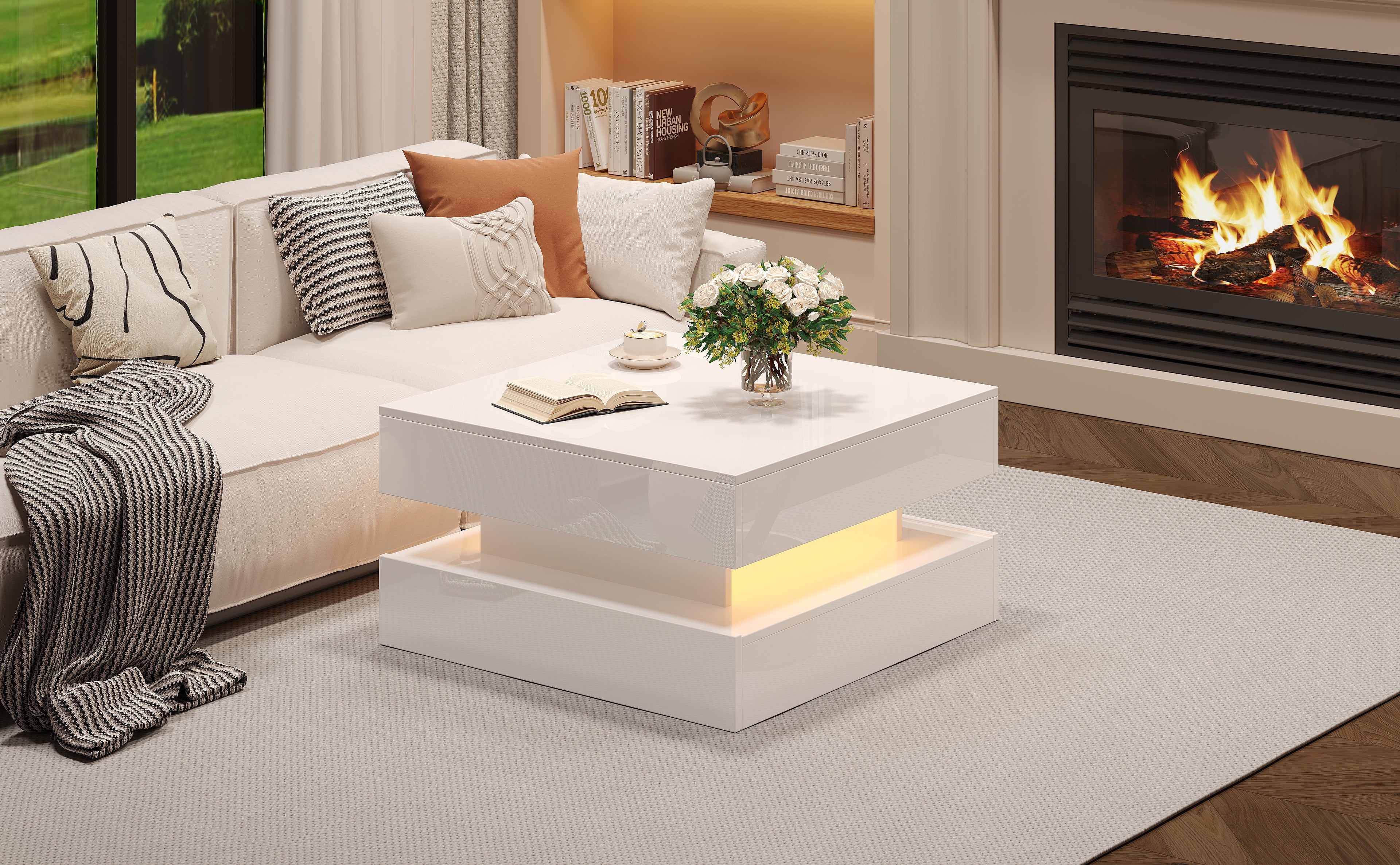 [variant:N892P407973W] White Lift-Top LED Coffee Table with 2 Drawers image 2