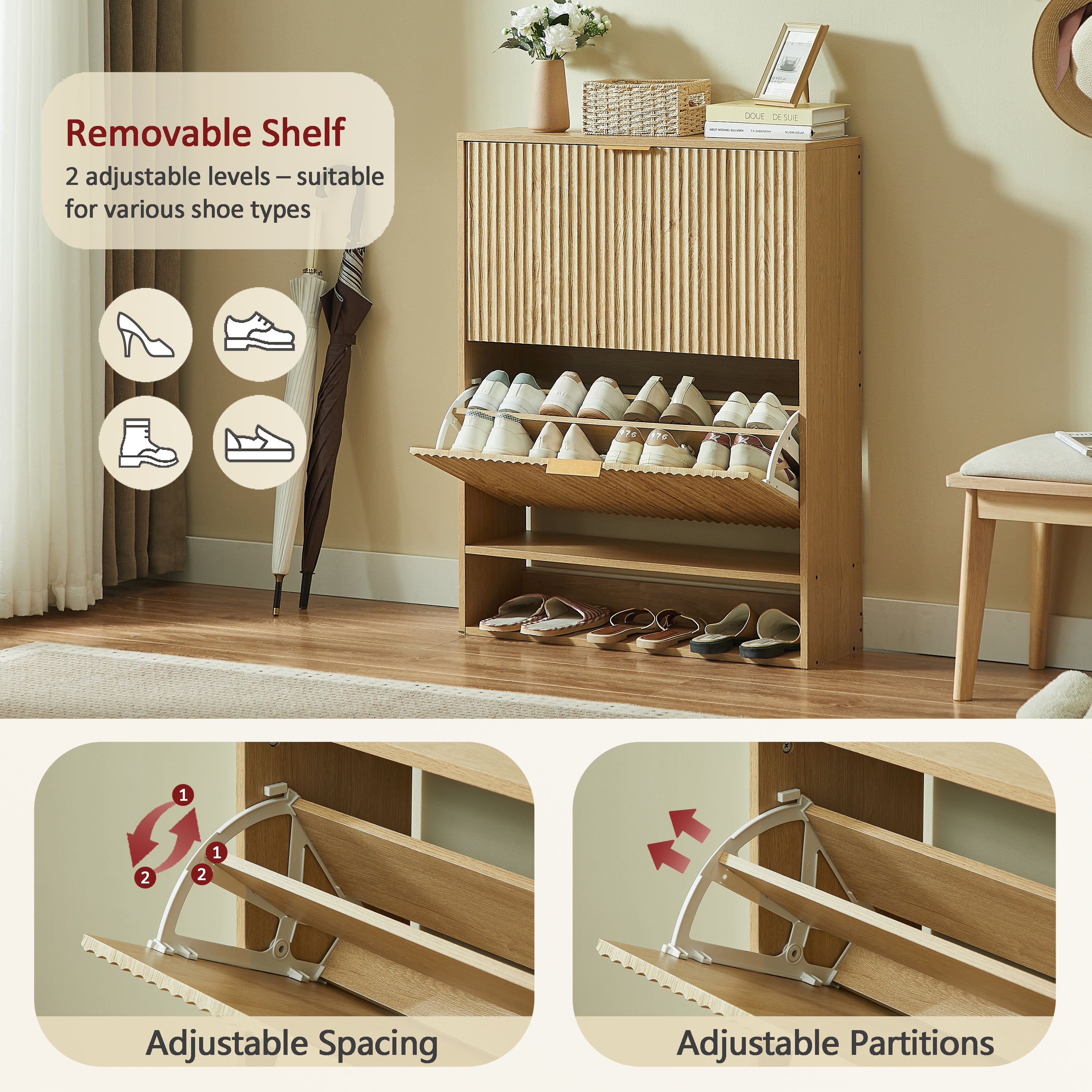 [variant:W5078P443404] Modern Oak Fluted Shoe Cabinet image 10