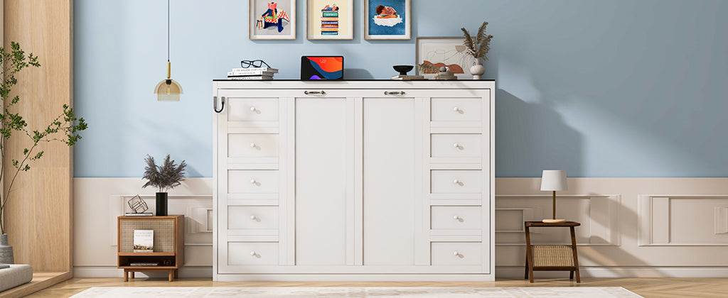 [variant:N8470004035K-1] Queen LED Murphy Bed Cabinet – White and Brown image 9