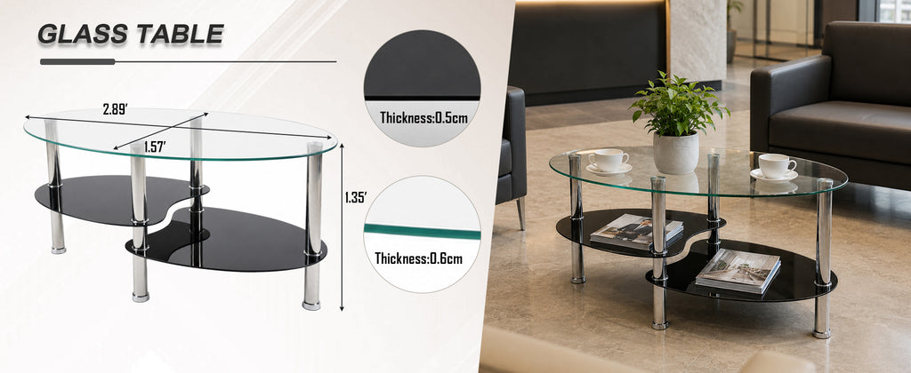 2-Tier Oval Tempered Glass Coffee Table — [variant:W3738P499151] Black,Transparent image 13