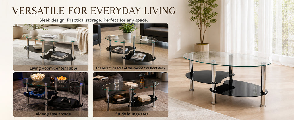 2-Tier Oval Tempered Glass Coffee Table — [variant:W3738P499151] Black,Transparent image 10