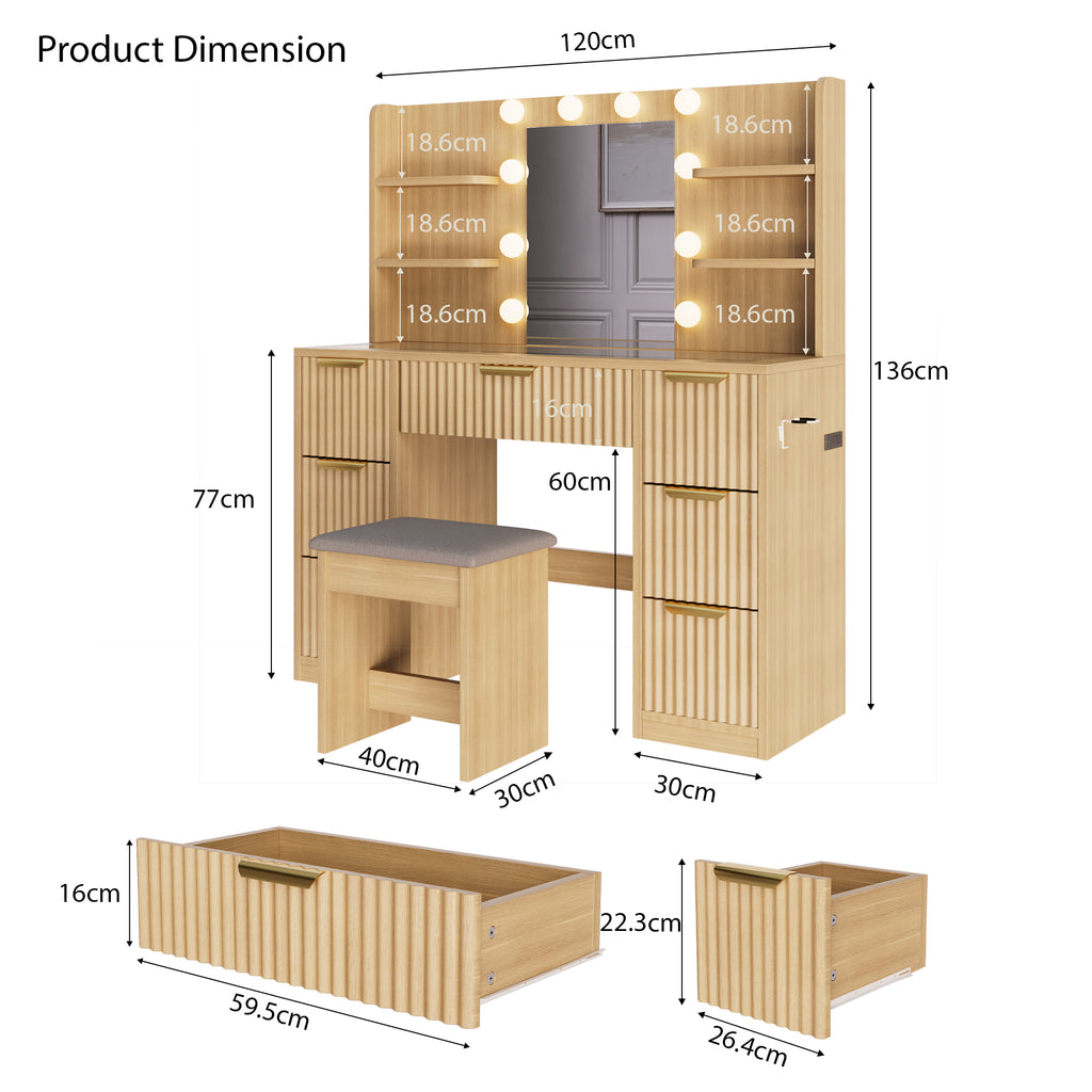 [variant:N881S436333N] Fluted 7-Drawer Vanity Desk with LED Mirror and Stool image 7