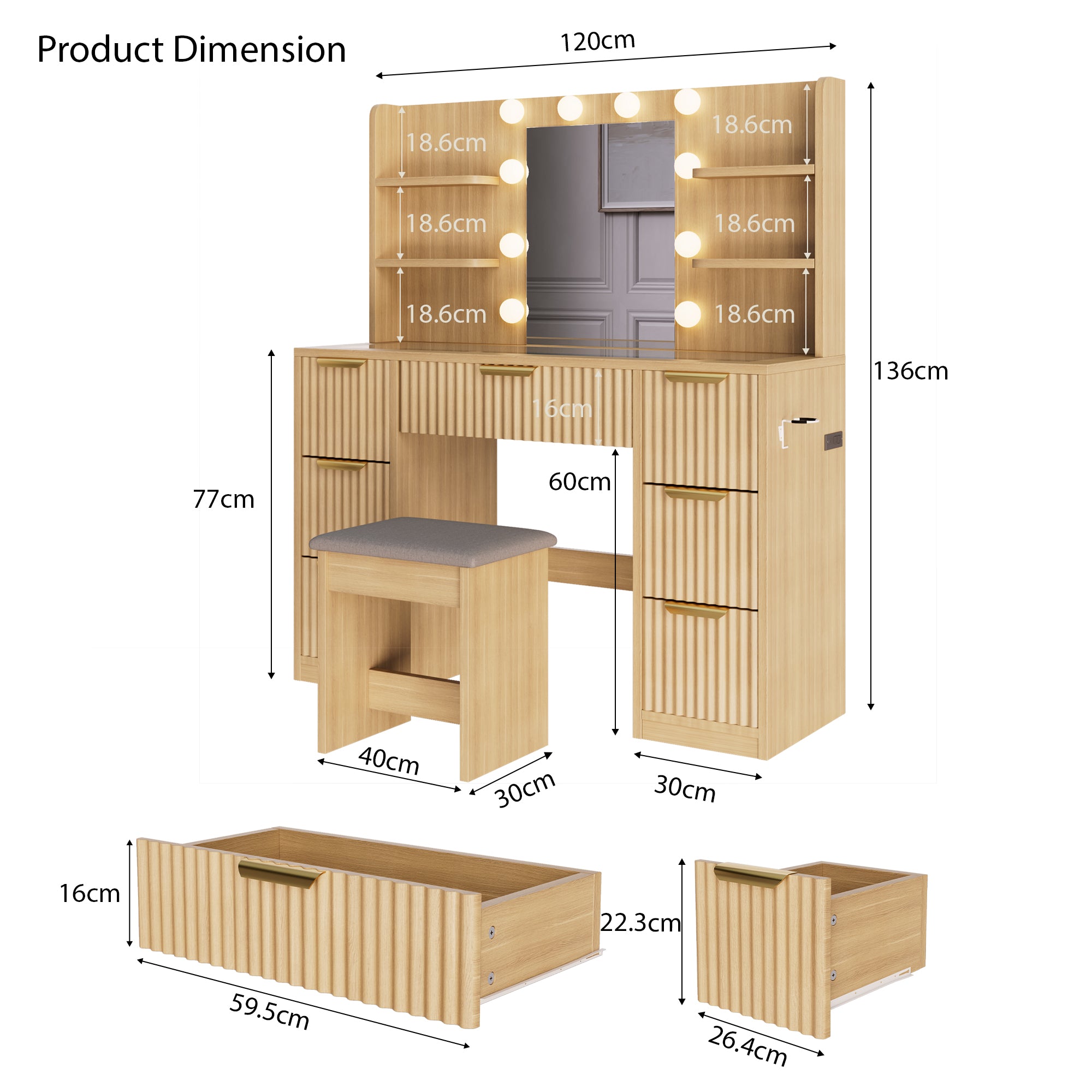 [variant:N881S436333N] Fluted 7-Drawer Vanity Desk with LED Mirror and Stool image 7