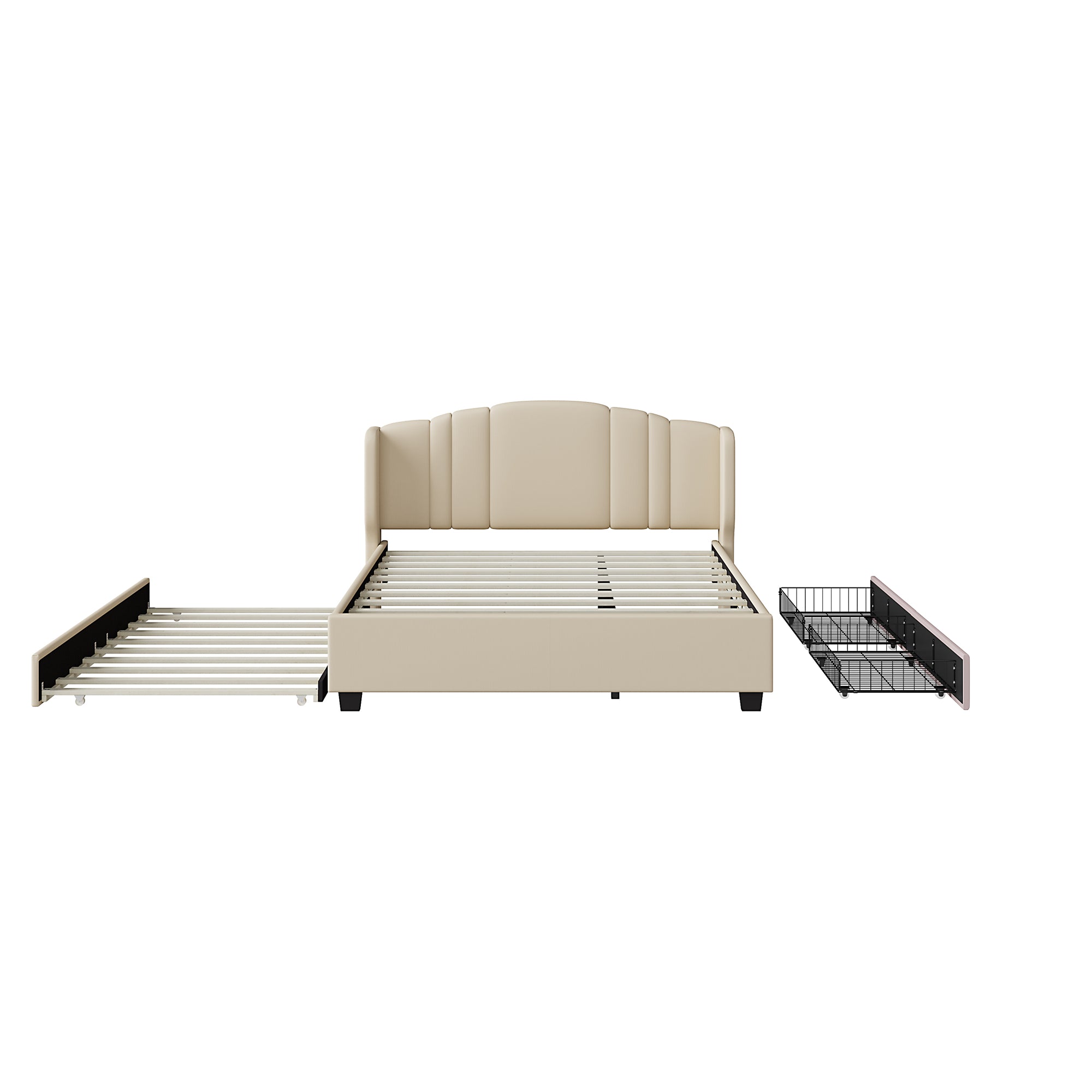 Queen Upholstered Wingback Bed with Twin Trundle & 2 Drawers — [variant:N854S427452A] Beige image 6