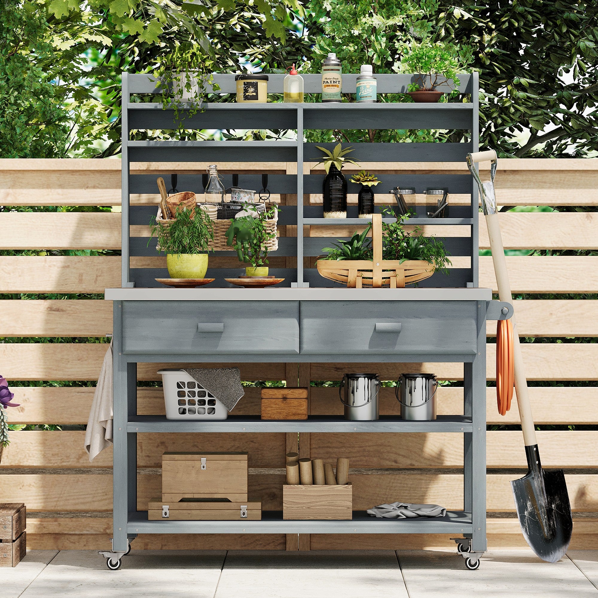[variant:N853P386121G] Rolling Outdoor Potting Bench with Stainless Steel Top image 30