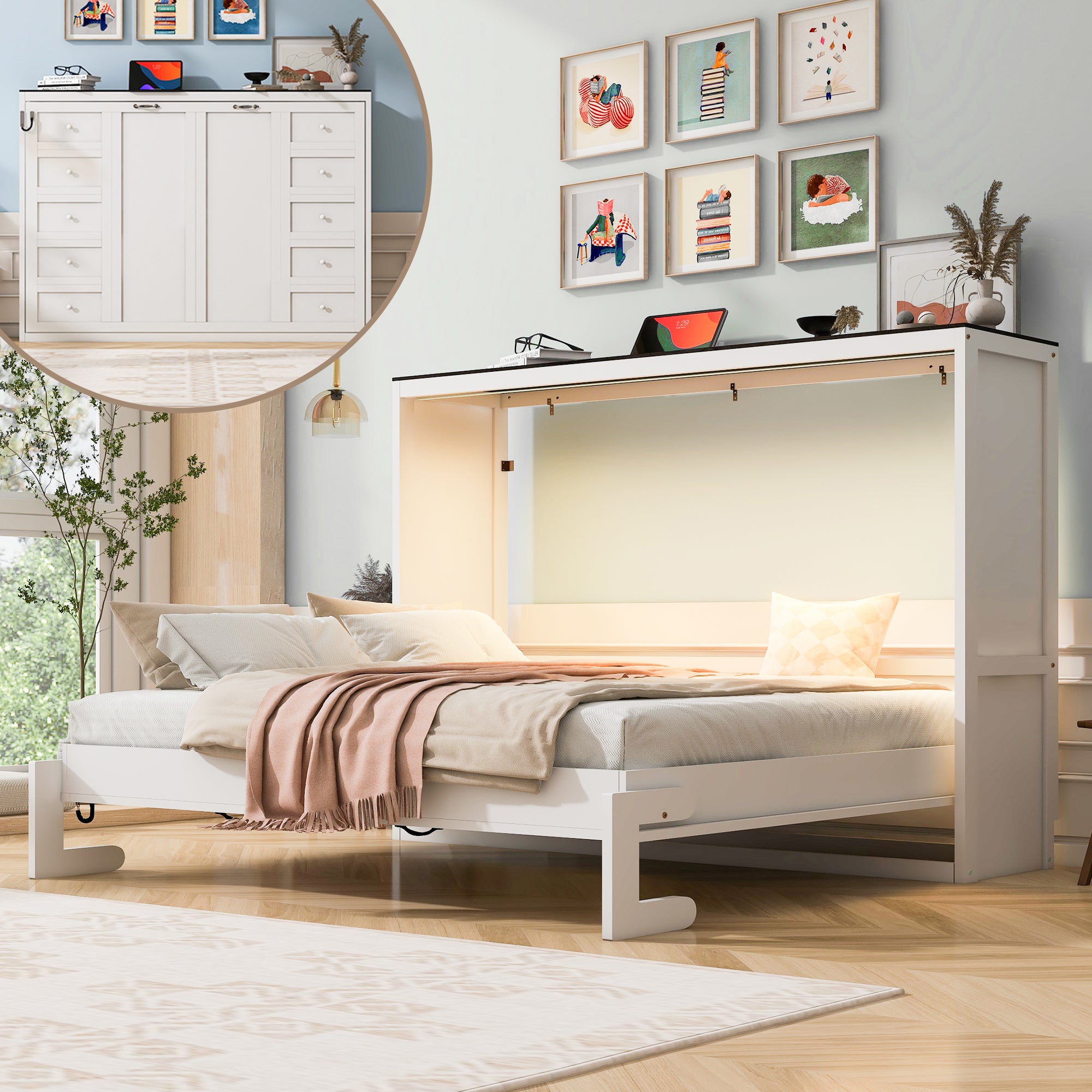 [variant:N8470004035K-1] Queen LED Murphy Bed Cabinet – White and Brown image 1