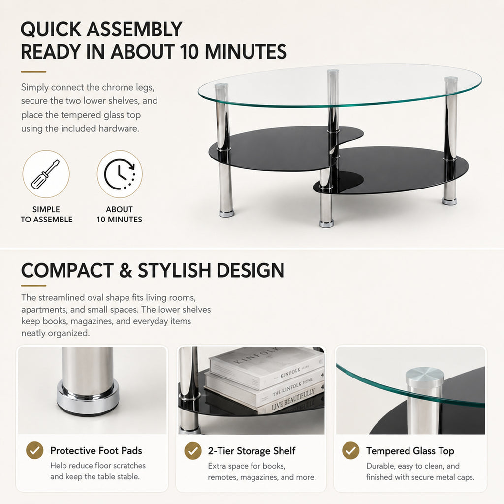 2-Tier Oval Tempered Glass Coffee Table — [variant:W3738P499151] Black,Transparent image 3