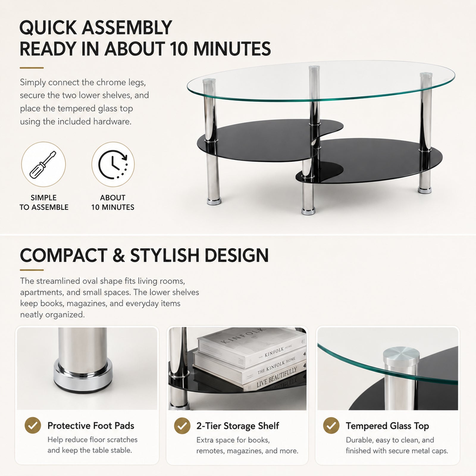 2-Tier Oval Tempered Glass Coffee Table — [variant:W3738P499151] Black,Transparent image 3
