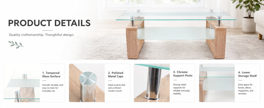 2-Tier Rectangular Tempered Glass Coffee Table — [variant:W3738P499156] Natural,Transparent image 10