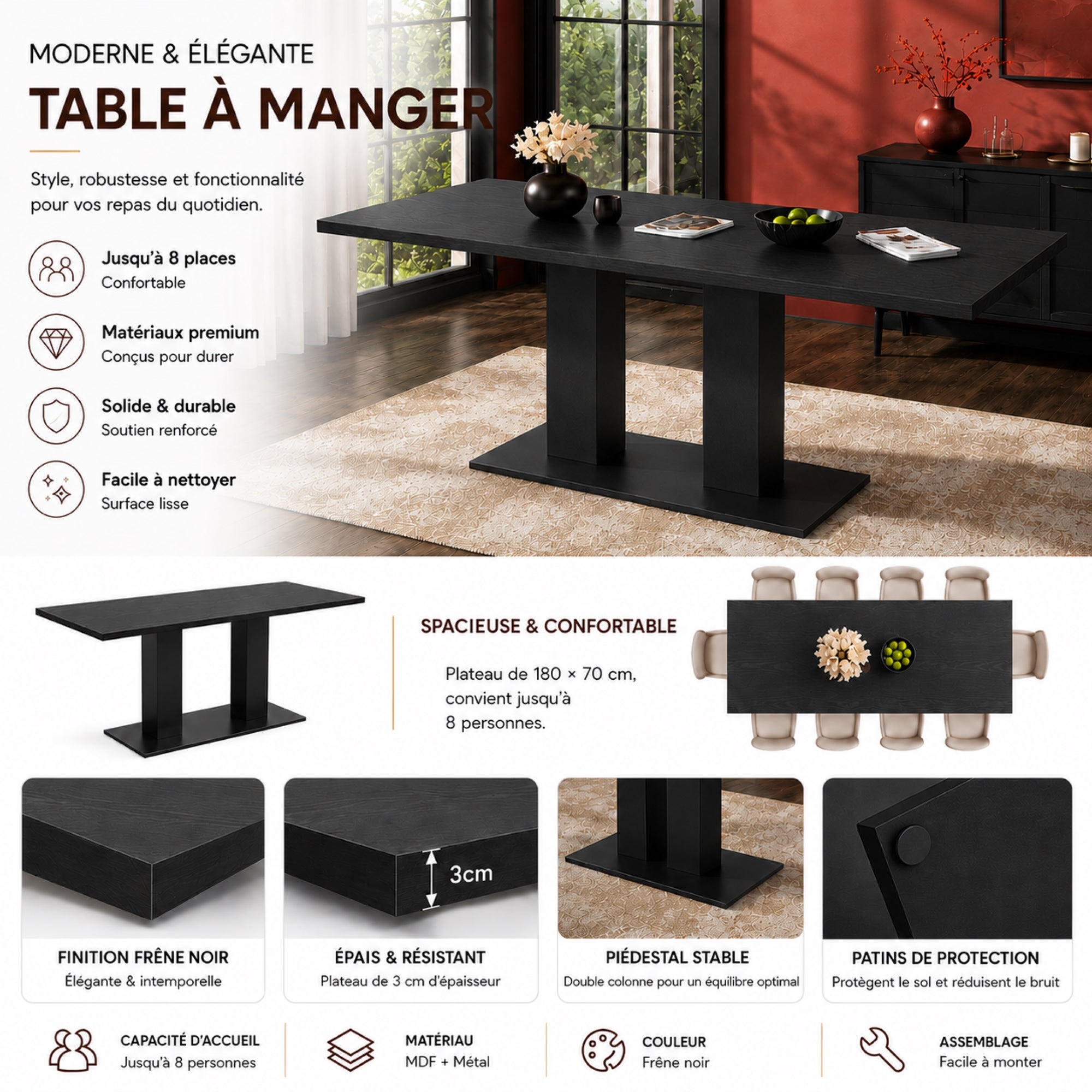 White Marble-Look Dining Table – 71-Inch — [variant:N859P472973S] Black image 6