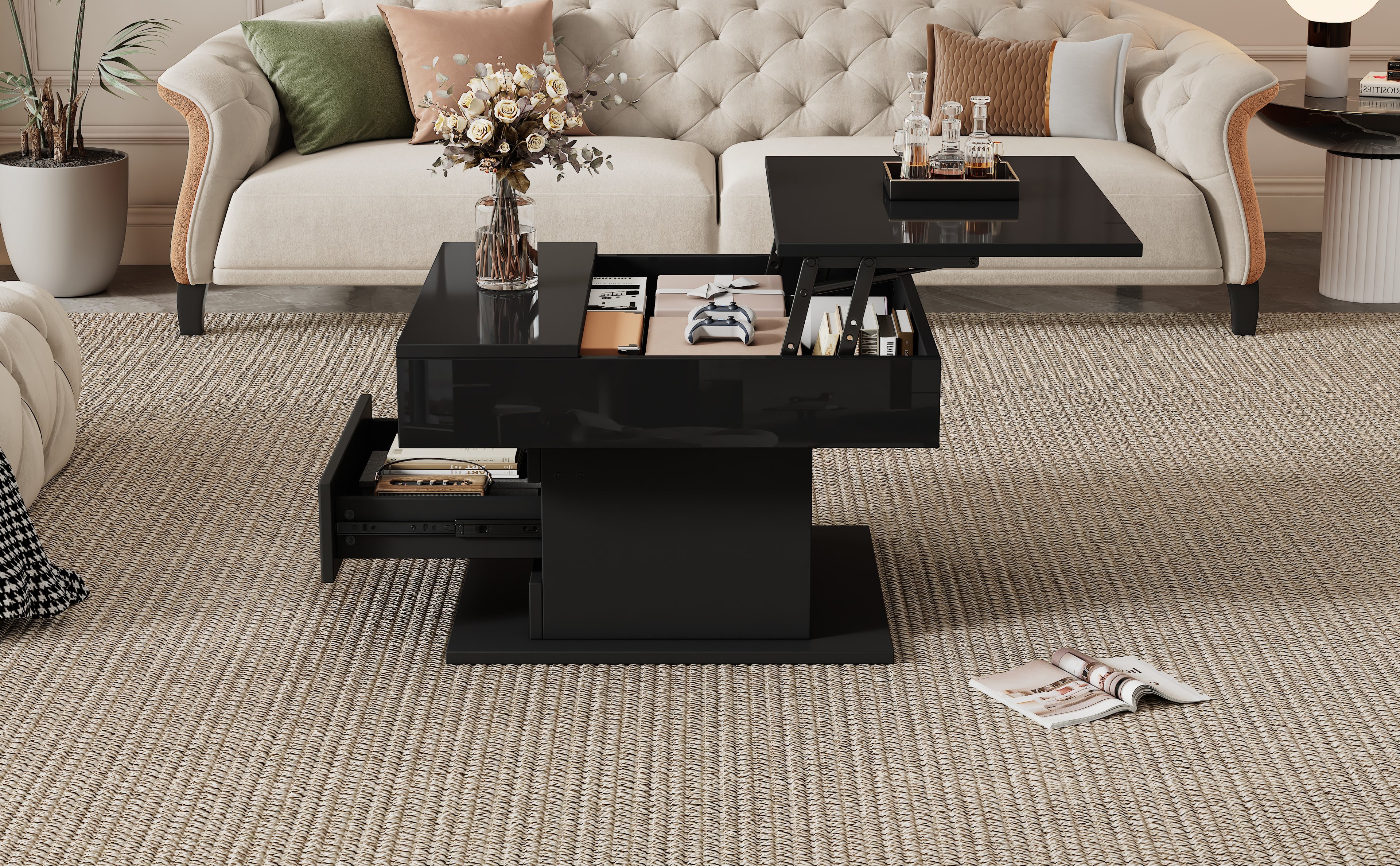 [variant:N892P423296B] Black 360° Rotating Lift-Top Coffee Table image 2