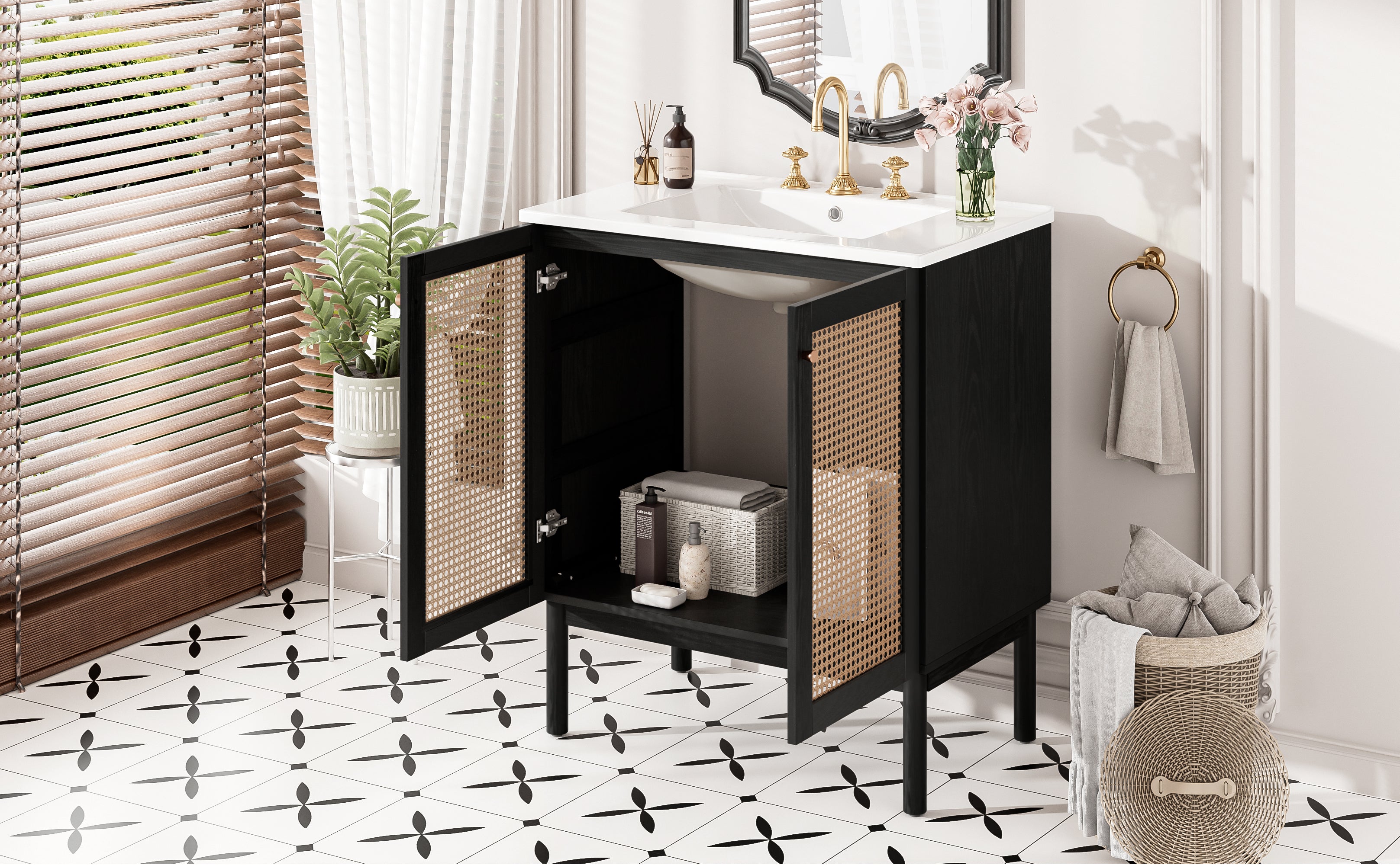 [variant:N729P285517B] Rattan-Door Bathroom Vanity with Sink – 30-Inch image 24