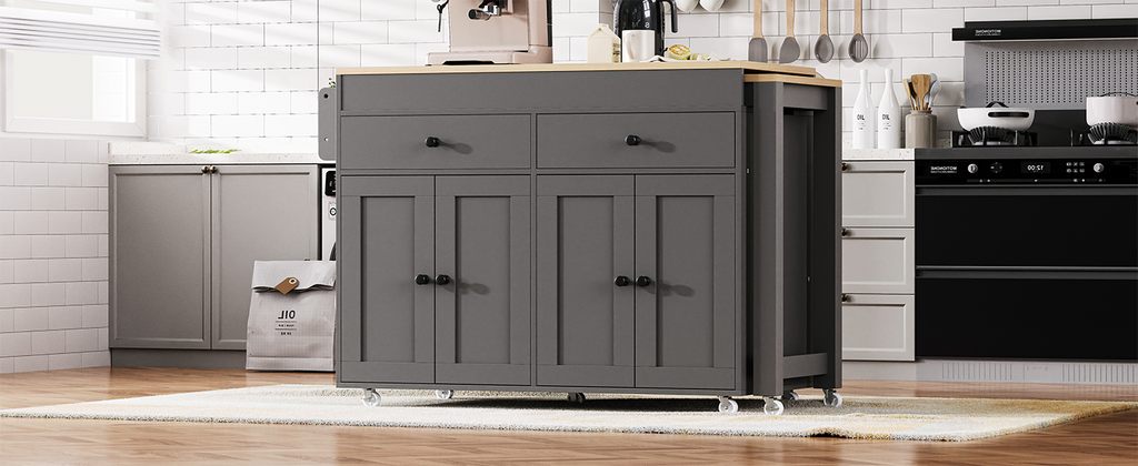 [variant:N853P386264G] Extendable Rolling Kitchen Island with Dining Table – Gray, 74.5-Inch image 3