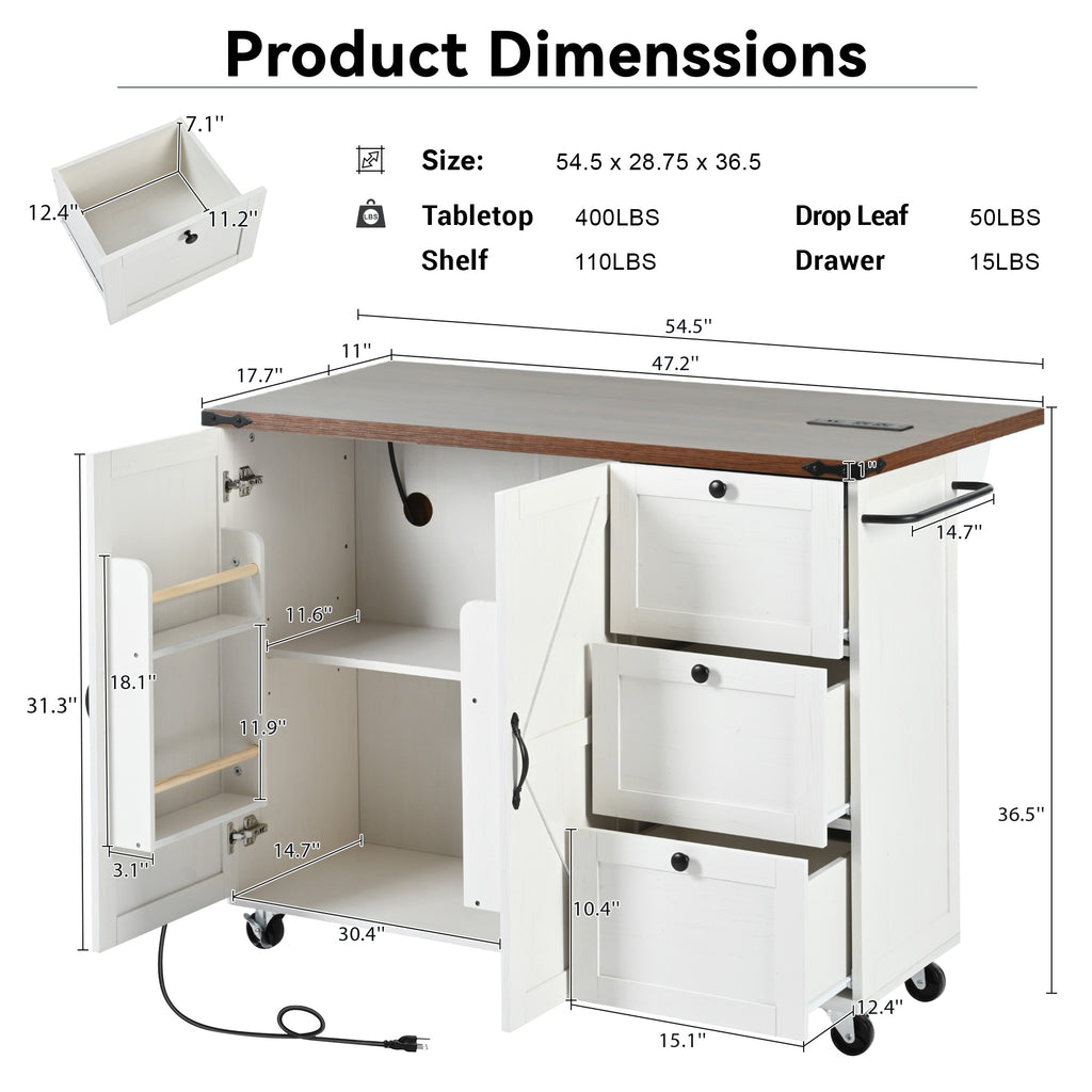 [variant:N853P379579W] Farmhouse Rolling Kitchen Island with Drop Leaf – White, 54.5-Inch image 35